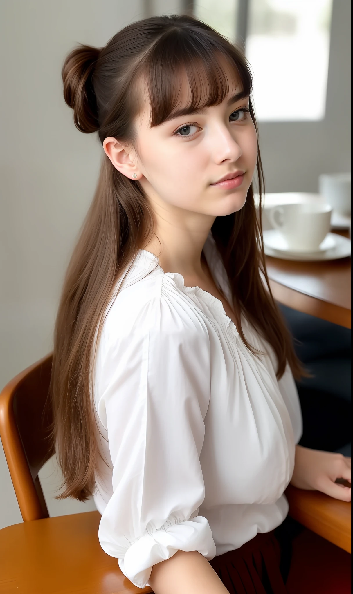 (8k, best quality, masterpiece:1,2), (realistic, photo-realistic:1,37), top quality, masterpiece, beautiful girl, daydreaming, sitting in a chair, hand holding her forehead with her elbow at the table, much on her mind, elegantly dressed, no smile, hair tied in slight bangs, realistic,sfw,