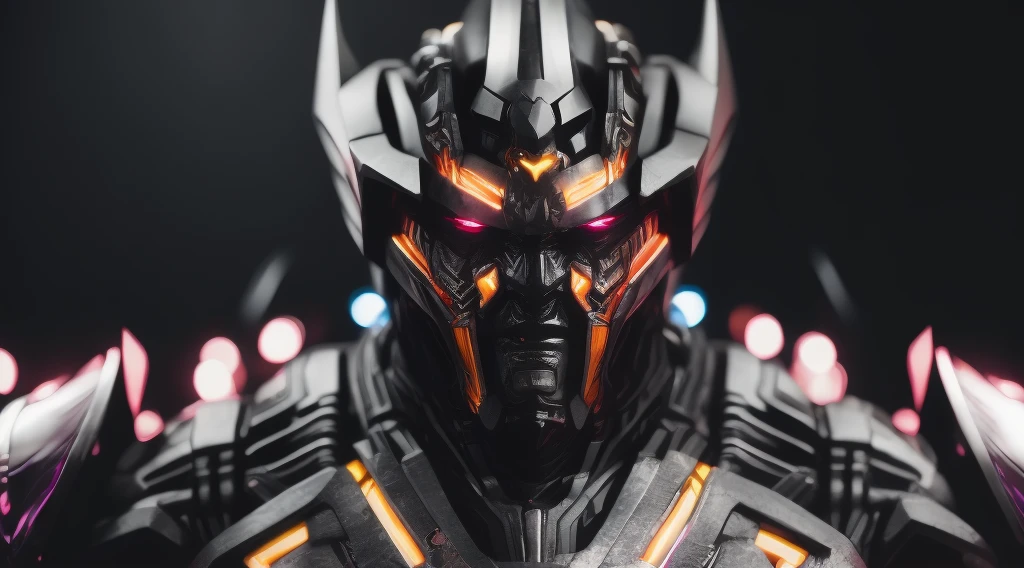 powerful transformers-style man face, demon with neon eyes, realistic photo, ultra detail, natural light, black background, photo, cinematic photography + dynamic composition, incredibly detailed, sharp, detail + intricate detail + professional lighting, film lighting + 35mm + anamorphic + lightroom + cinematography + bokeh + lens flare + film grain,dark all black background, 3d block background