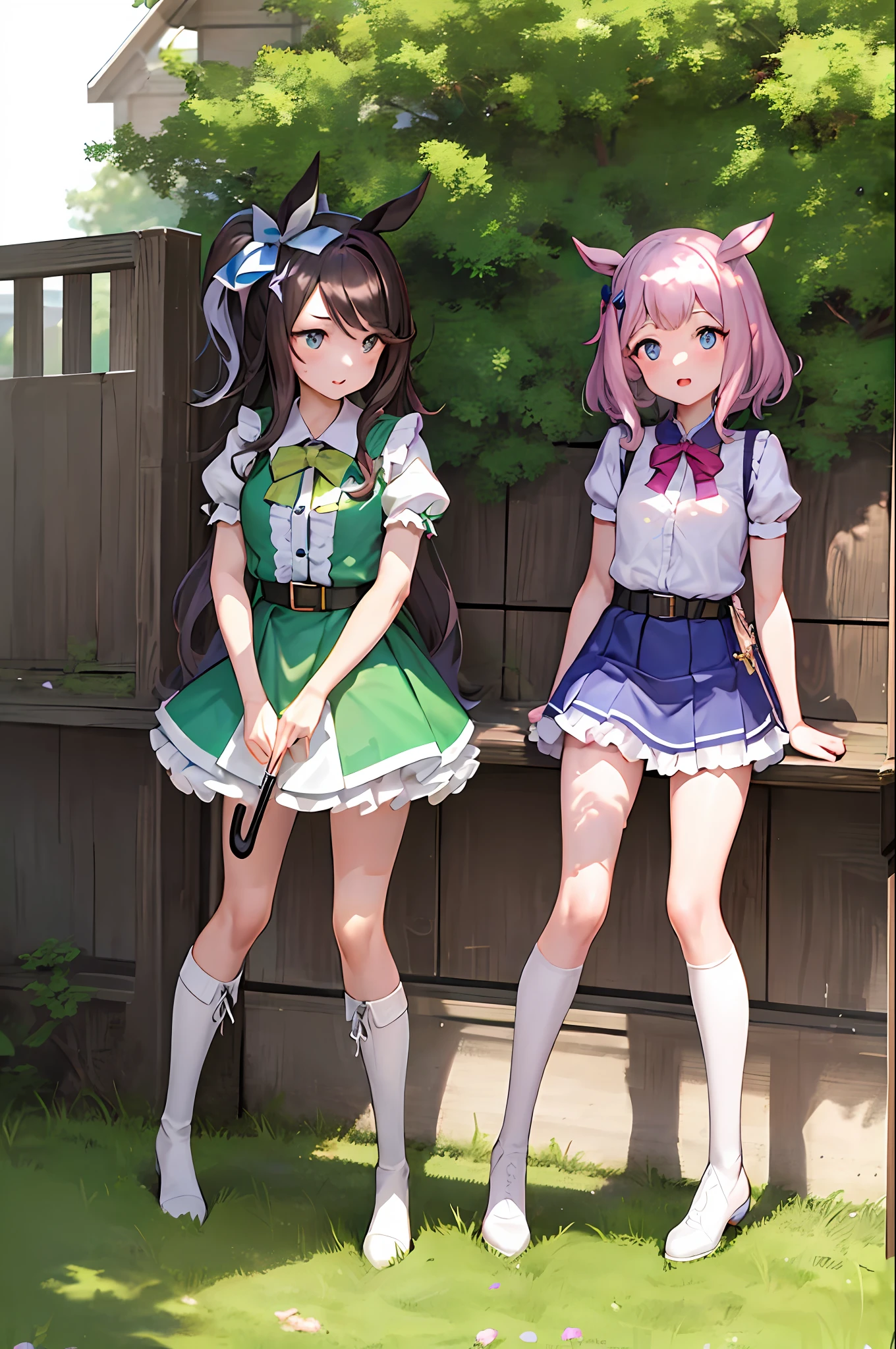 masterpiece, best quality
mejiro bright \(umamusume\),
holding umbrella, sunlight, blue sky,
full body, standing, open mouth
hair bow, collared shirt, white shirt, puffy short sleeves, center frills, frilled dress, green dress, striped, belt, green skirt, frilled skirt, white footwear, black footwear, mismatched footwear, asymmetrical footwear, knee boots