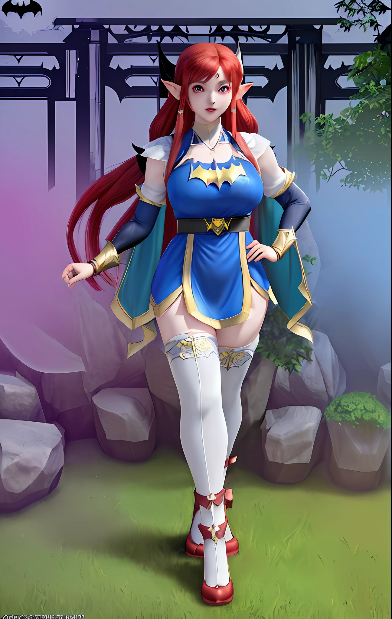 (((8k resolution, centered character, full body portrait of 1 character, full body character portrait))), Batman, Ultra Instinct Super Saiyan, Motal Kombat, Mortal Kombat Style, Anime Style, Unreal engine 5, masterpiece, well-drawn eyes, well-drawn face, ((well drawn knees)) Background: Macabre city with haunting ghosts, (((Princess Zelda Gothic:: As Batman:: "Plus size XL bust, knee-length red hair tied in pigtails, red eyes, very pale skin, looking at the viewer")))