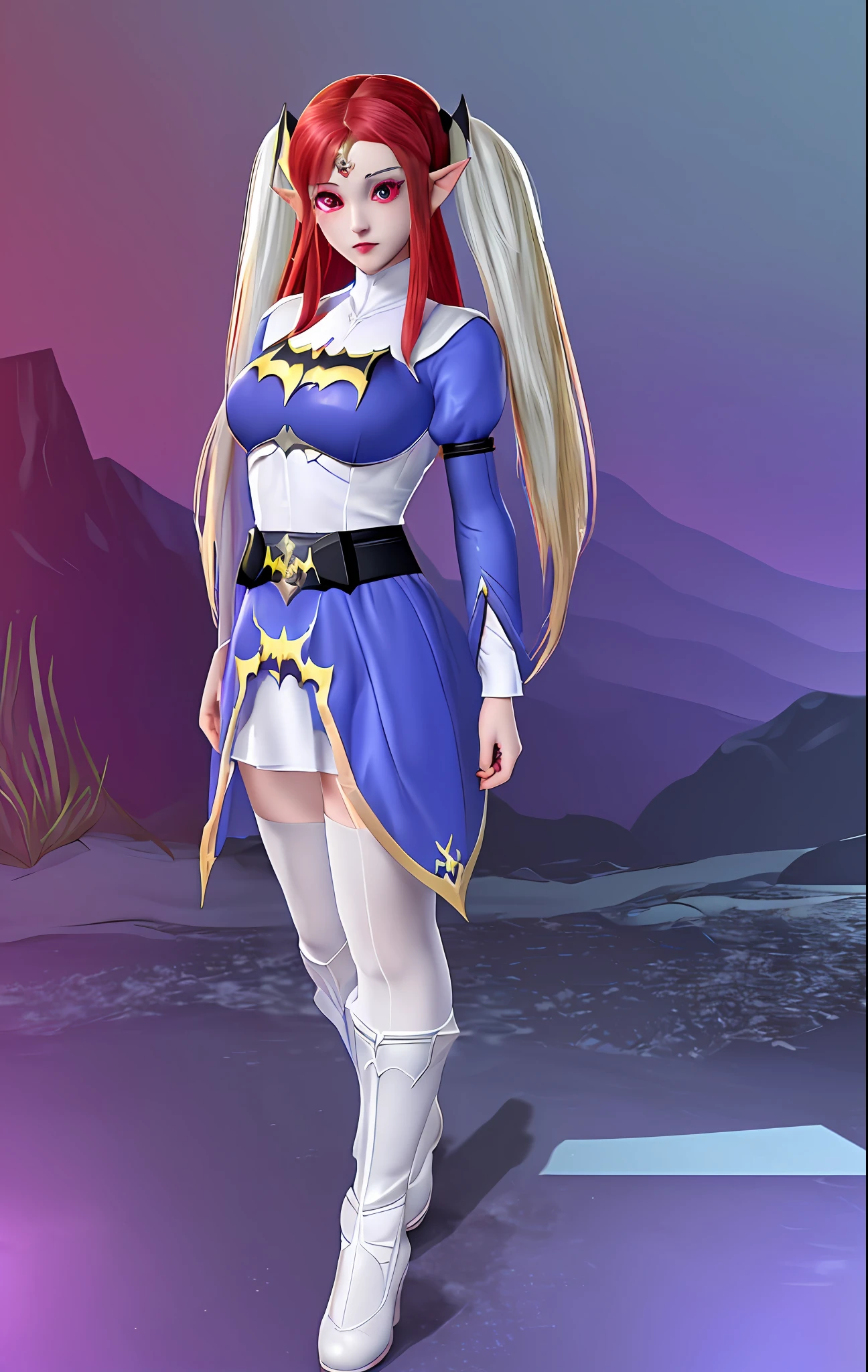 (((8k resolution, centered character, full body portrait of 1 character, full body character portrait))), Batman, Ultra Instinct Super Saiyan, Motal Kombat, Mortal Kombat Style, Anime Style, Unreal engine 5, masterpiece, well-drawn eyes, well-drawn face, ((well drawn knees)) Background: Macabre city with haunting ghosts, (((Princess Zelda Gothic:: As Batman:: "Plus size XL bust, knee-length red hair tied in pigtails, red eyes, very pale skin, looking at the viewer")))