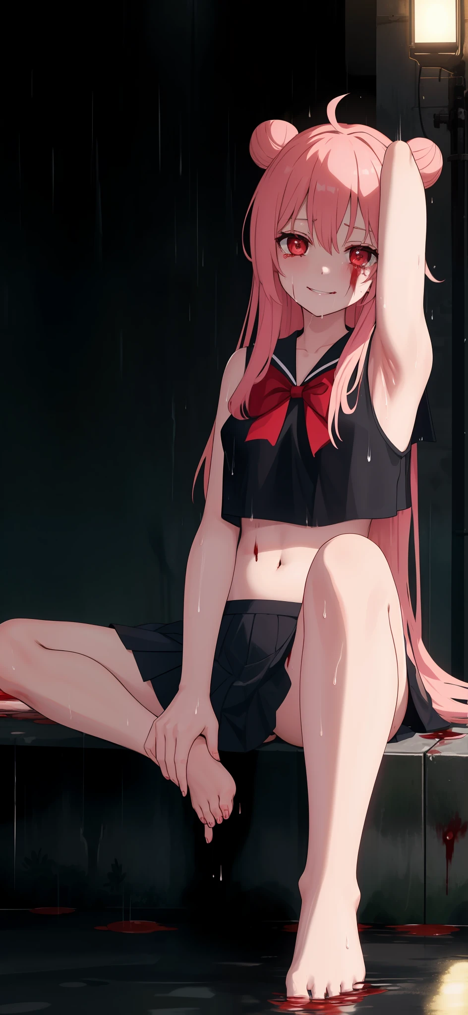 masterpiece, best quality, looking at viewer, bare legs, 1girl, solo, bow, black serafuku, smiling, night time, heavy rain, outdoors, city, crop top, navel, wet clothes, drenched, blood tears, blood marks, dark alleyway, blood splattered on the ground, red bright light, glowing eyes, depth of field, armpits, sitting, legs, feet, close up