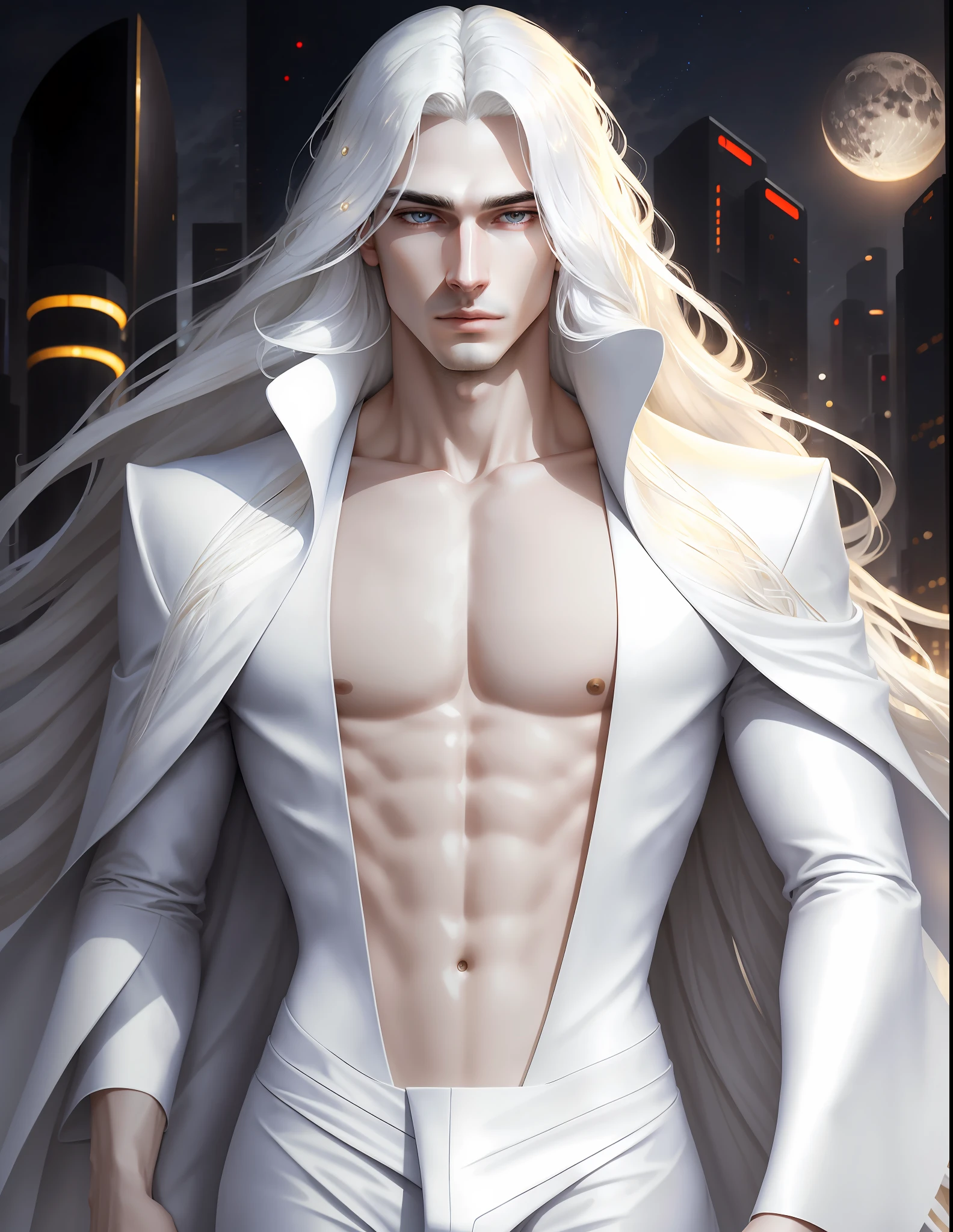 masterpiece, highest quality, (solo focus), (perfect face:1.1), (high detail:1.1),dramatic, 1guy, (pale skin), long white hair, white eyes, [light eyebrows], solo, long hair, moon, night, white luxury suit, covered navel, pouty lips, covered, futuristic city, detailed background,  cinematic lighting,