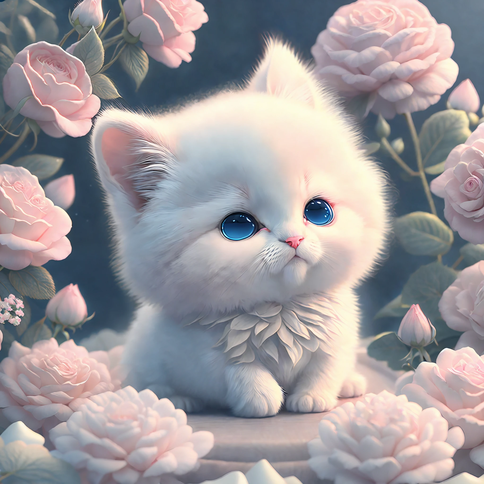 In this ultra-detailed CG art, the adorable kitten surrounded by ethereal roses, best quality, high resolution, intricate details, fantasy, cute animals