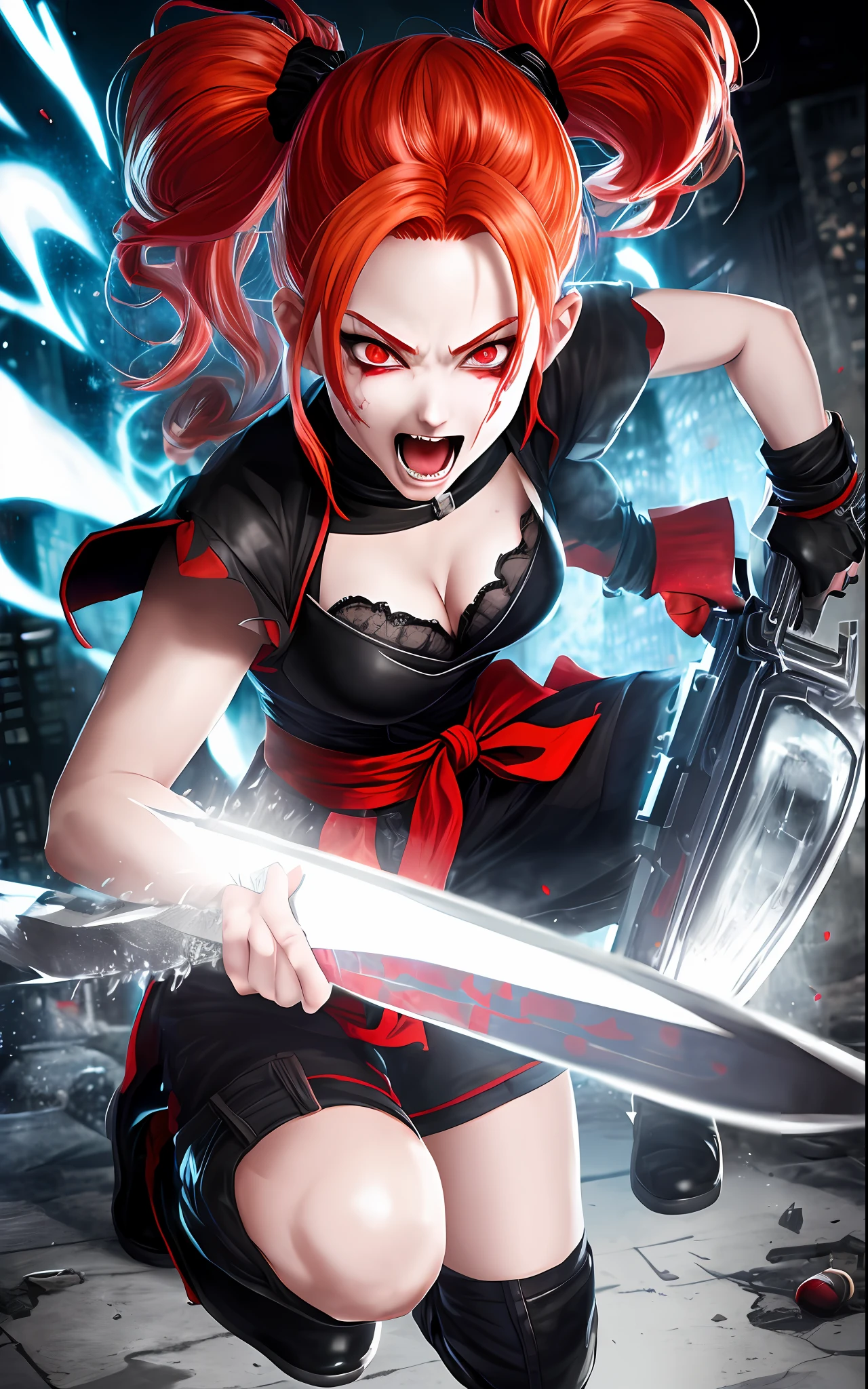 8k, full body portrait of 1 character, full body character portrait, Ultra Instinct Super Saiyan, Mortal Kombat Style, Anime Style,, Unreal engine 5, masterpiece, well-drawn eyes, well-drawn face, ((well drawn knees)) Background: Macabre city with haunting ghosts, Gothic Girl:: As spiderman:: Knee-length red hair tied back in pigtails, red eyes, very pale skin, holding a bloodied chainsaw , looking at the viewer, mouth open, giving a maniac grin