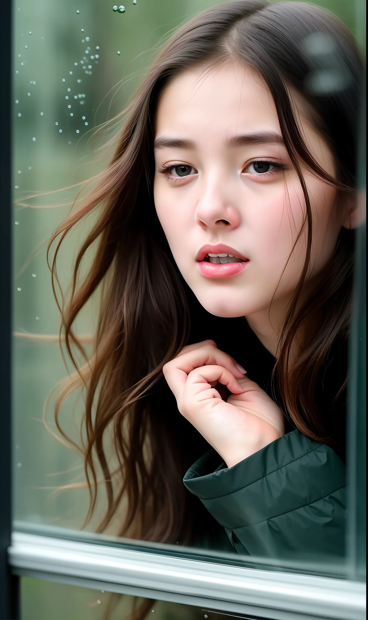 (8k, best quality, masterpiece:1,2), (realistic, photo-realistic:1,37), top quality, masterpiece, beautiful girl, facial expression shouting loudly, being sad, screaming, tears flowing, emotional girl, beside the glass window, drizzling on the glass window, sad, depressed, realistic