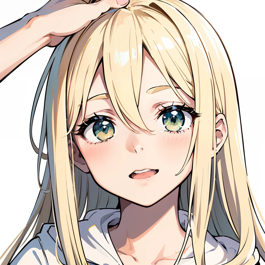 ((masterpiece, illustration, strong outlines 1girl, solo, sharp focus, 8k, ultra-detailed)), (barcode in forehead:1.4), (blonde beige hair:1.3), (loli, small breasts:1.45), smile, happy, long hair, very long hair, (long hair bangs, bangs over the eyes, hair over the eyes, messy hair, asymmetrical hair:1.3), green eyes, dark green eyes, selfie, portrait, face focus, (oversized hoodie, white monochrome hoodie:1.3), cute, digital art, beautiful, perfection, ((transparent background, monochrome background))