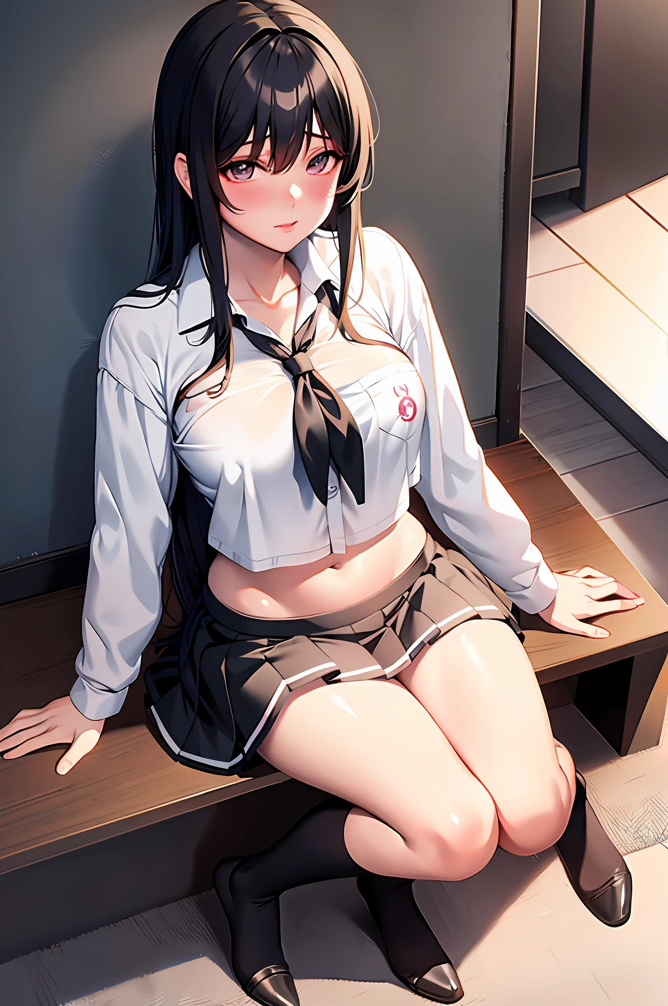 High school girl in white blouse, bare breasts, white panties, long black hair untied, long black hair, pinched eyes, long lashes, good style, white underwear and skirt rolled up, thin constriction, thin constriction, full body, naughty anime style, beautiful anime schoolgirl, surreal schoolgirl, surreal schoolgirl, seductive anime girl, realistic schoolgirl, naughty anime style, Smooth anime CG art, surreal schoolgirl girl, seductive anime girl, lifelike schoolgirl, smooth anime CG art, anime girl, beautiful anime schoolgirl, beautiful anime girl, beautiful charming anime age girl, naughty anime style, photorealistic anime girl rendering,