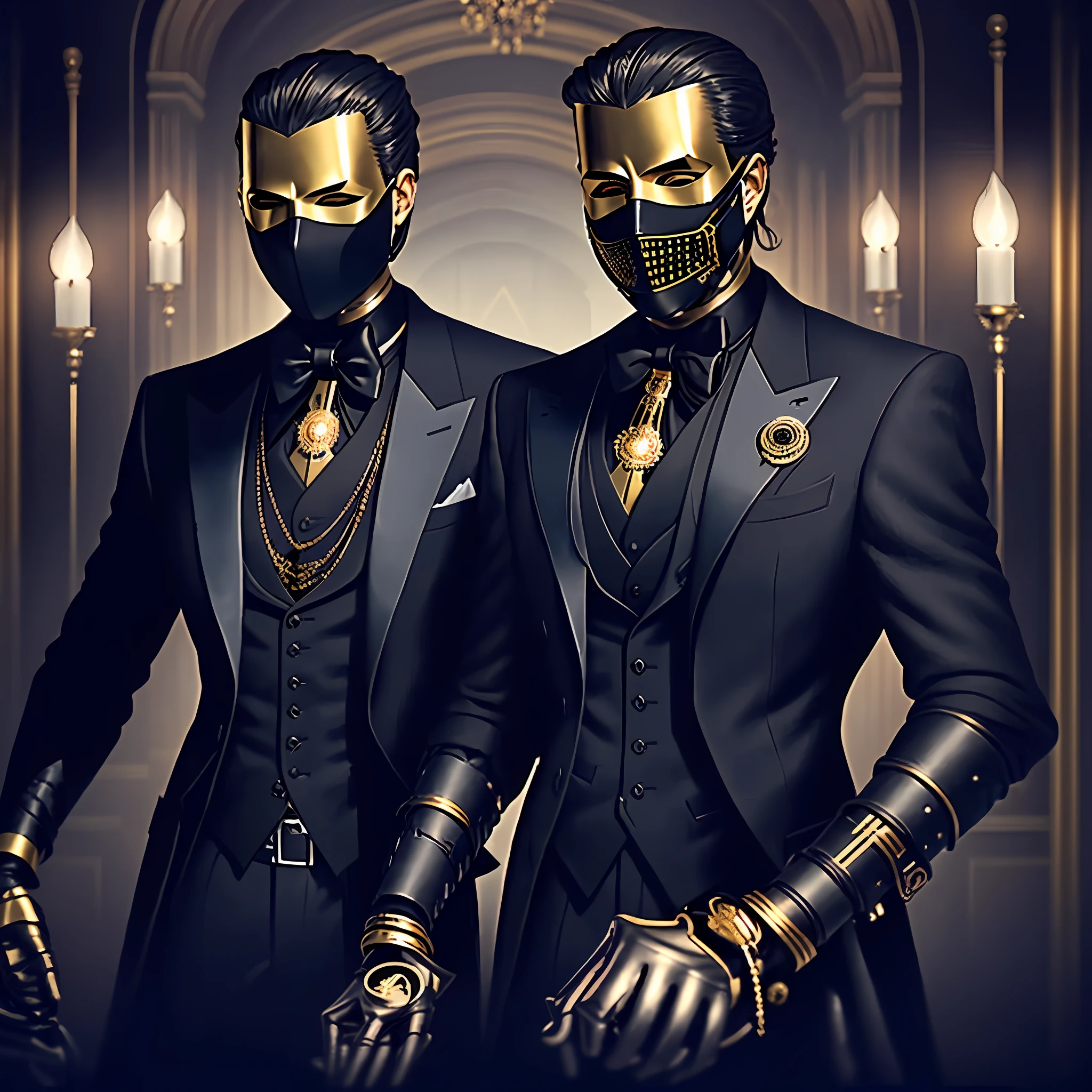 A man in a black suit wearing a black mourning mask and a golden prosthesis on his left arm