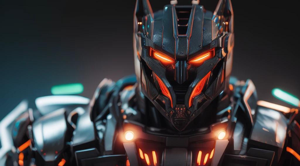 powerful transformers-style man face, demon with neon eyes, realistic photo, ultra detail, natural light, black background, photo, cinematic photography + dynamic composition, incredibly detailed, sharp, detail + intricate detail + professional lighting, film lighting + 35mm + anamorphic + lightroom + cinematography + bokeh + lens flare + film grain,dark all black background, 3d block background
