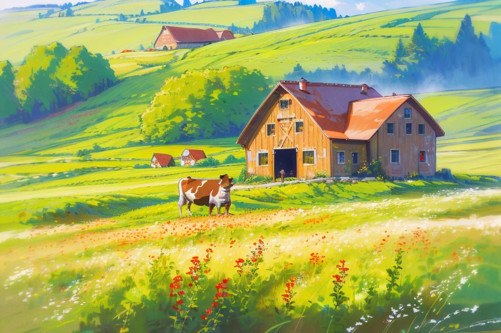 (8k, RAW photo, best quality, masterpiece:1.2), (realistic, photo-realistic:1.37) , (high resolution), (a tan cow grazes:1.3), (in the background a small traditional red barn, farm house and fields of grass and wildflowers), (idyllic)