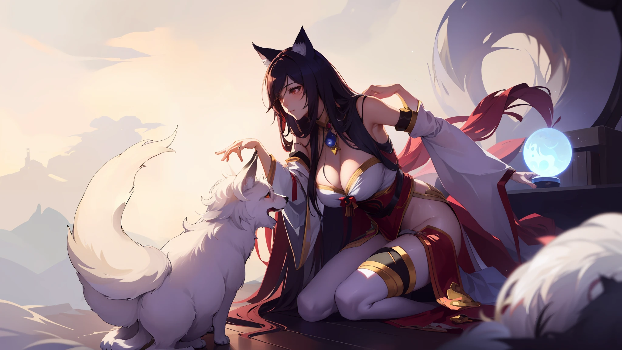 masterpiece, (photorealistic:1.4), best quality, beautiful lighting, anime girl with long hai, enormuous huge breasts and a cat ears holding a glowing orb, petting a dog, ahri, ahri from league of legends, by Yang J, portrait of ahri, by Shitao, beautiful anime catgirl, a beautiful kitsune woman, a beautiful fox lady, dark fox mage, very beautiful anime cat girl, fox nobushi, female anthropomorphic wolf, highly detailed