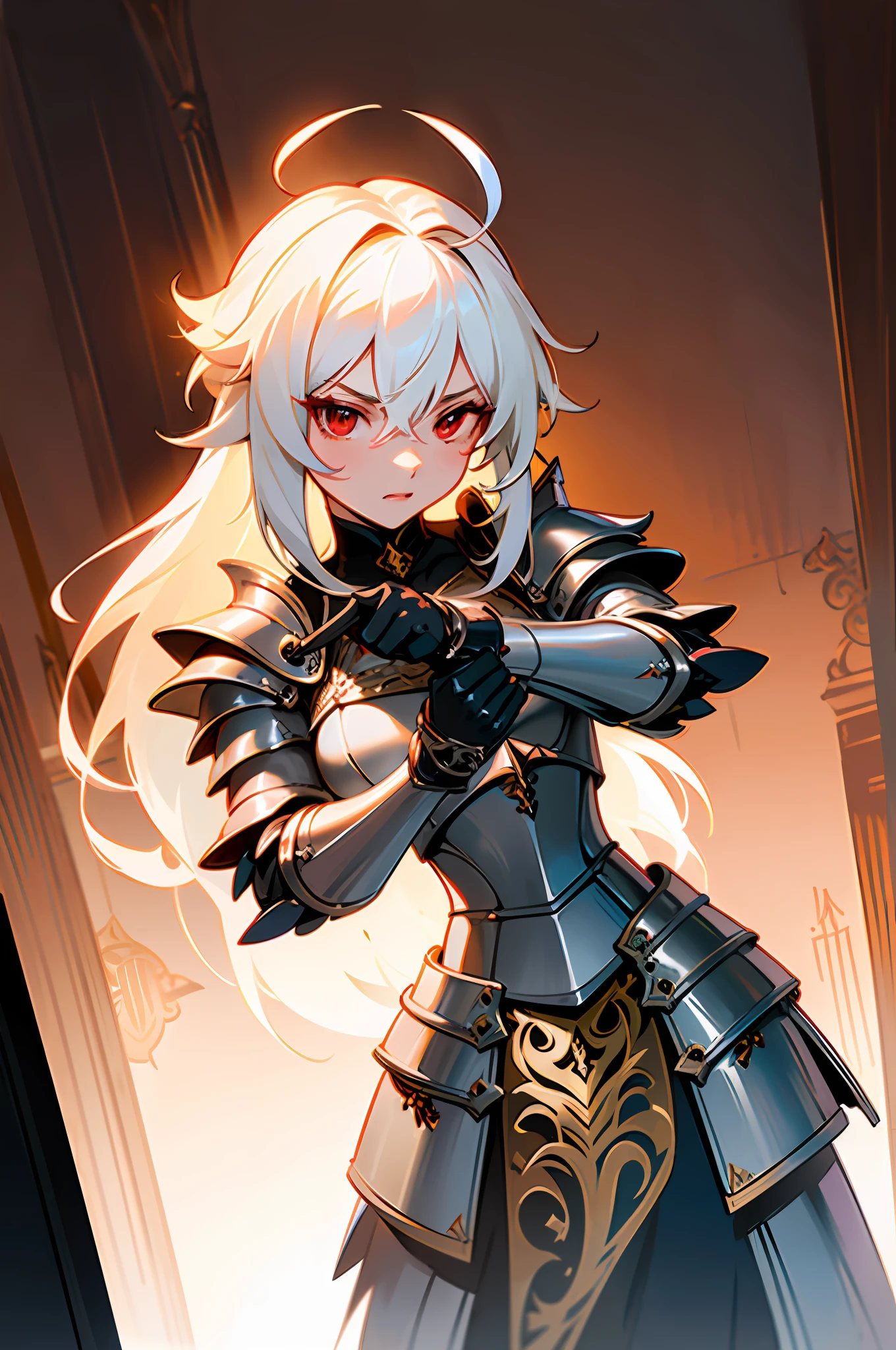 ((masterpiece)), ((high detail)), 1girl,  ((ultra-detailed)),((delicate face)),  Beautiful detailed eyes, gradient hair,hairs between eyes, GSHead,1girl ,solo,white hair,long hair,red eyes,genshin_impact,Fully engraved background,look at the viewer,Flat face,((aggressive face)),((ahoge)),armored,knight,white doff armor,Holding a black European greatsword,Flat expression, relaxed face, slightly smiling lips,grim armor,Sunlight illuminates the room,((good lighting)),king pose, the angle view is quite far,grim Facial Expression,Standing straight, looking at the viewer, milk white armor with black carvings, dignified,Standing on the red carpet,Flawless, perfect pose,
