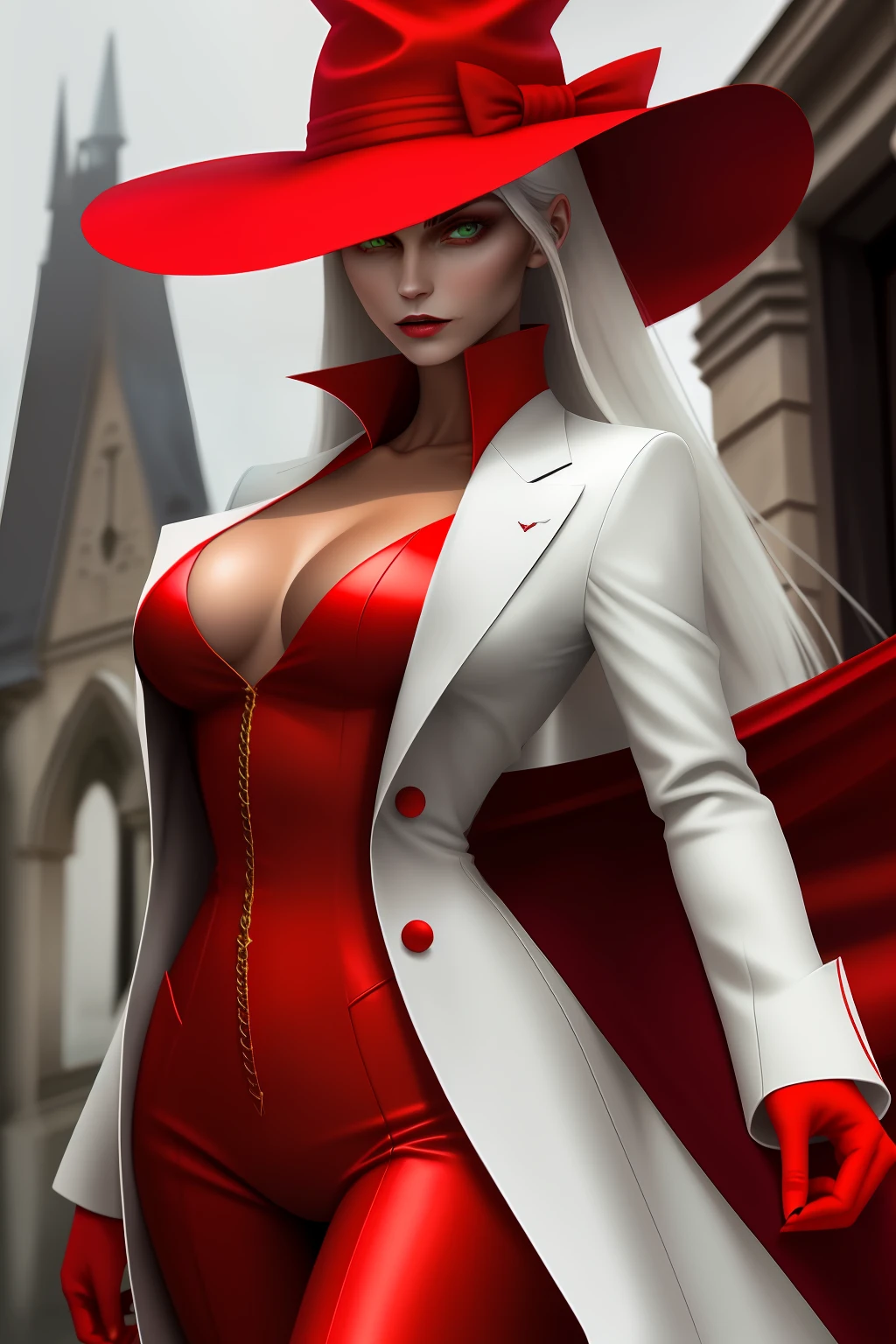 vampire, green eyes, white skin with tanned, red suit, female, with a hat, her clothes combines in a perfect warm color she's dressed completely and have a mysterious appareance