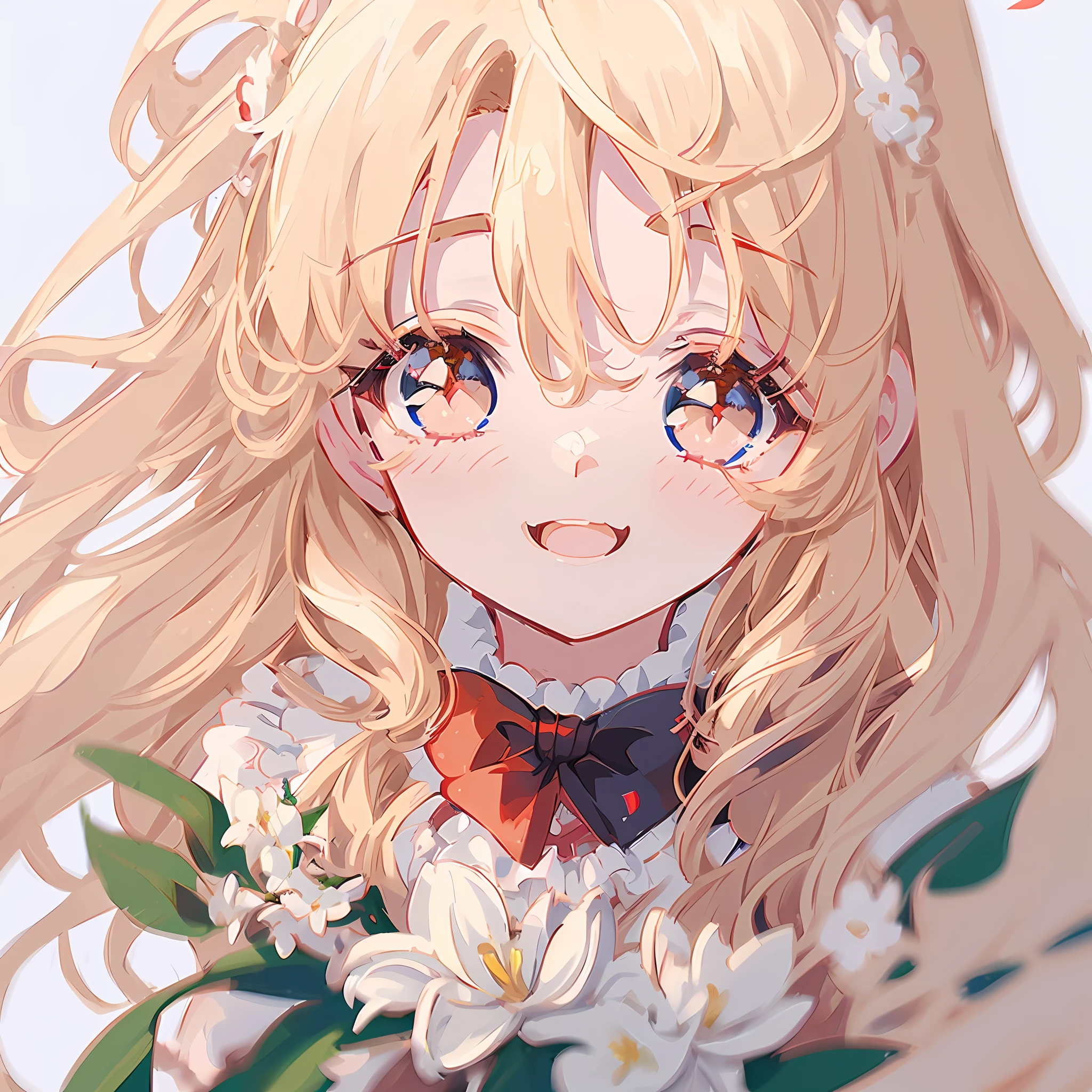 red bow, blond hair, anime, ghibli, anime style, close up, from side, first-person perspective, 8k, super detail, masterpiece, high quality, high resolution, high detail, white background, face detail, happiness, curly hair, bouquet holding magnolia flowers, necklace, long hair, HD quality,