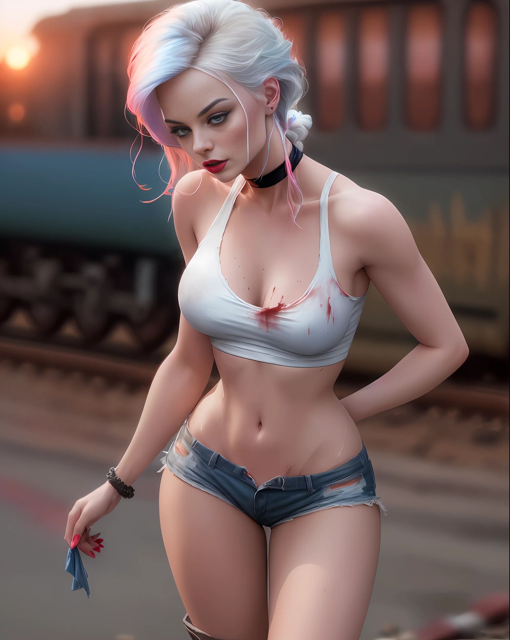 MARGOT ROBBIE, big pointed breasts, lipstick and makeup blurred, body well sweated, blood, white hair tied and divided into blue and pink, white T-shirt with red (T-shirt given a knot), very short red and blue shorts, black bracelet, black choker, boot, train track, abandoned train, abandoned cars, deserted road, sunset, (photo with better quality, a masterpiece, sensual, ultra detailed, ultra realistic, depth of field, HD, 85mm lens, intricate elegant, detailed), dramatic effect, portrait style