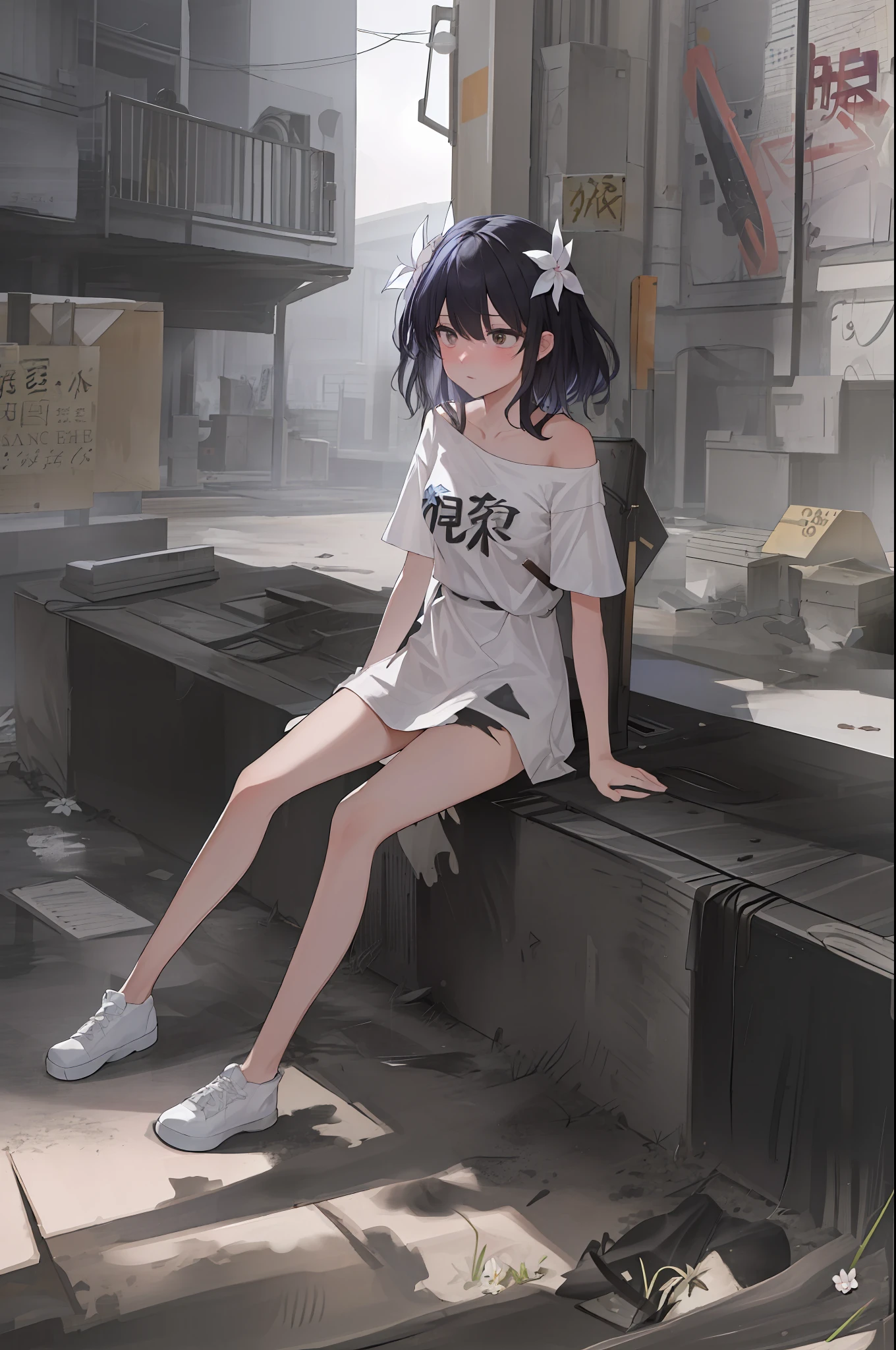 Masterpiece, Superb Piece, Super Meticulous, Illustration, 1girl, Solo, Micro Big Breast, Seated, Extremely Delicate Beauty, Beautiful Detailed Sky, Beautiful Detailed Eyes, Side Blunt Bangs, Hair Between Eyes, Close to the Audience, Breeze, Flying Splash, Flying Flowers, Wind, Watercolor, Blushing, (Futanari), Tears, Sadness, Expressionless, ((Torn T-Shirt)), Dust, Gray, Dirt, City, City, Tokyo, Neon, Street Light, Night, People, Looking, Intimidating, Intimidating Gaze, Vigilant, guarded, fearful, scared, haunted, anxious, stressed, failed, lonely, vulnerable, exposed, desperate, seeking comfort