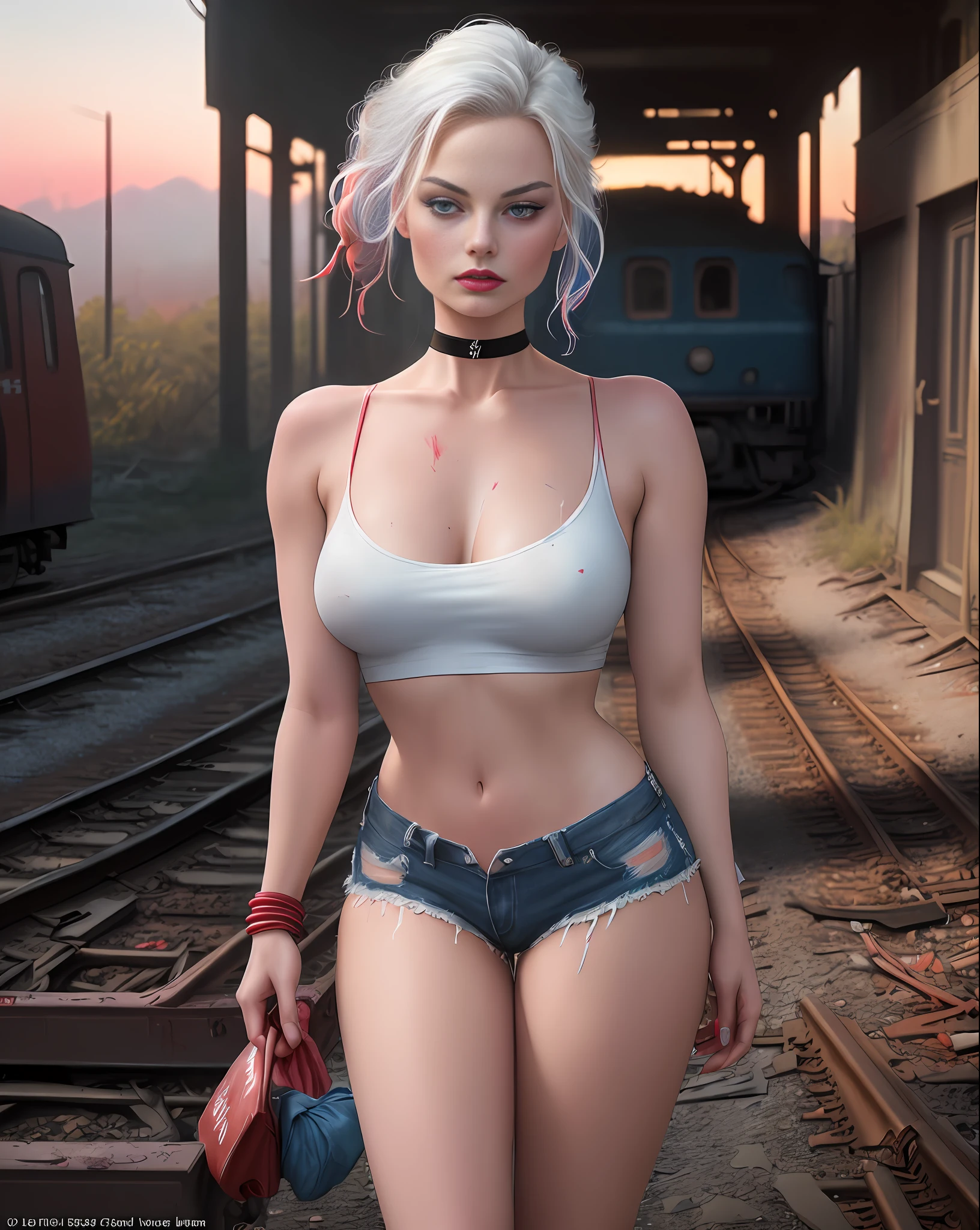 MARGOT ROBBIE, big pointed breasts, lipstick and makeup blurred, body well sweated, blood, white hair tied and divided into blue and pink, white T-shirt with red (T-shirt given a knot), very short red and blue shorts, black bracelet, black choker, boot, train track, abandoned train, abandoned cars, deserted road, sunset, (photo with better quality,  a masterpiece, sensual, ultra detailed, ultra realistic, depth of field, HD, 85mm lens, intricate elegant, detailed), dramatic effect, portrait style