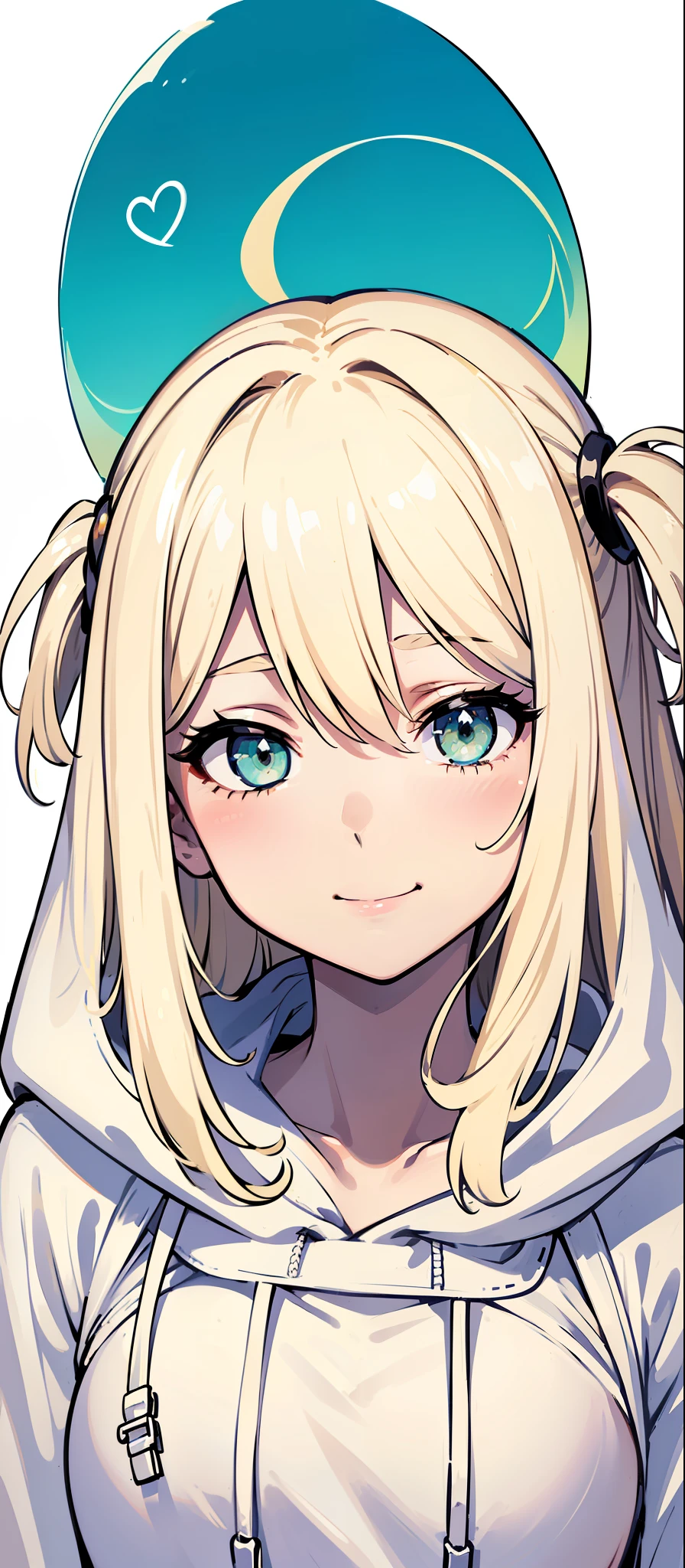 ((masterpiece, illustration, strong outlines 1girl, solo, sharp focus, 8k, ultra-detailed)), (blonde beige hair:1.3), (loli, small breasts:1.45), smile, happy, long hair, very long hair, (long hair bangs, bangs over the eyes, hair over the eyes, messy hair, asymmetrical hair:1.3), green eyes, dark green eyes, selfie, portrait, face focus, (oversized hoodie, white monochrome hoodie:1.3), cute, digital art, beautiful, perfection, ((transparent background, monochrome background))