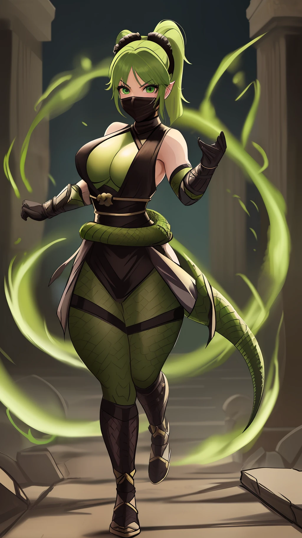 8k, full body portrait of 1 character, full body character portrait, Mortal Kombat style, Unreal engine 5, masterpiece, well-drawn eyes, well-drawn face, Background: Ancient fighting temple in ruins with macabre appearance, Mortal Kombat: : Princess Peach as Reptile from Mortal Kombat :: facing the viewer, green reptilian skin, short dark green hair held in a pigtail, green eyes, ninja mask attached to the face, looking at the viewer with an evil look