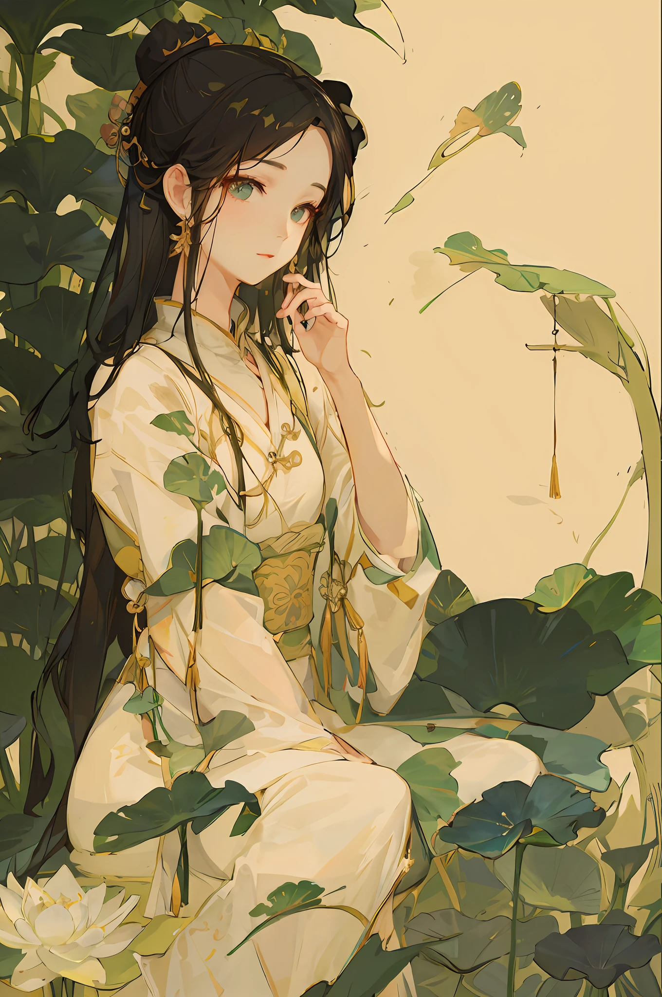 Ancient Chinese beauty sitting on stone, wearing ancient Chinese clothing, flowing tulle, light silk, lazy pose, large lotus leaves, lotus flowers, ink painting style, clean colors, decisive cutting, white space, freehand, masterpiece, super detailed New Year, epic composition, high quality, highest quality, 4k --v 6