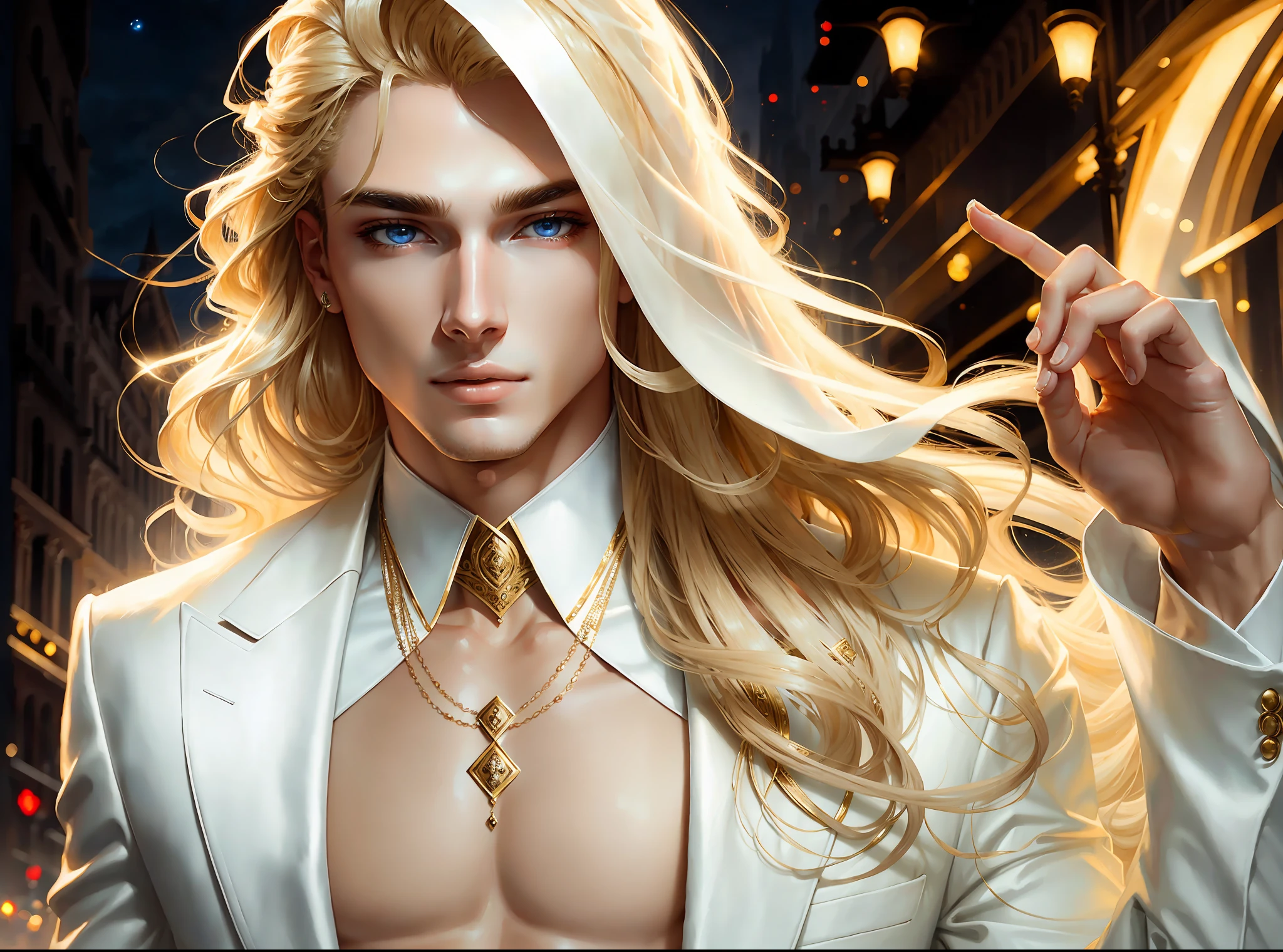 masterpiece, highest quality, (solo focus), (perfect face:1.1), (high detail:1.1), (hyper detailed eyes), dramatic, 1guy, (pale skin), long blonde hair, ethereal eyes, (light eyebrows), solo, long hair, Jordan Barrett, moon, night, white luxury suit, covered navel, pouty lips, fur, proud expression, futuristic city, detailed background, art by artgerm, cinematic lighting, roses, fashion, BalenciagaStyle