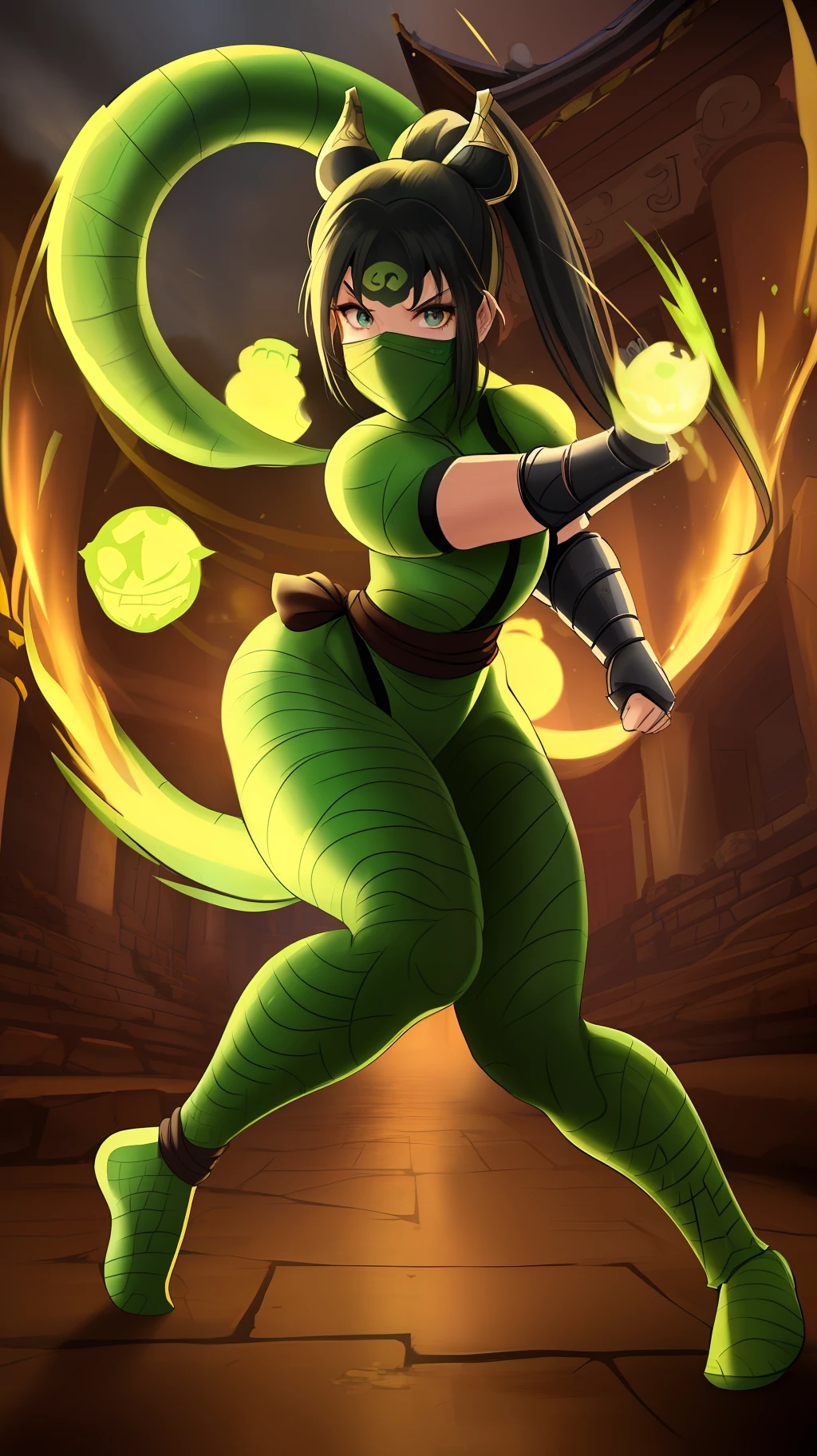8k, full body portrait of 1 character, full body character portrait, Mortal Kombat style, Unreal engine 5, masterpiece, well-drawn eyes, well-drawn face, Background: Ancient fighting temple in ruins with macabre appearance, Mortal Kombat: : Princess Peach as Reptile from Mortal Kombat :: facing the viewer, green reptilian skin, short dark green hair held in a pigtail, green eyes, ninja mask attached to the face, looking at the viewer with an evil look