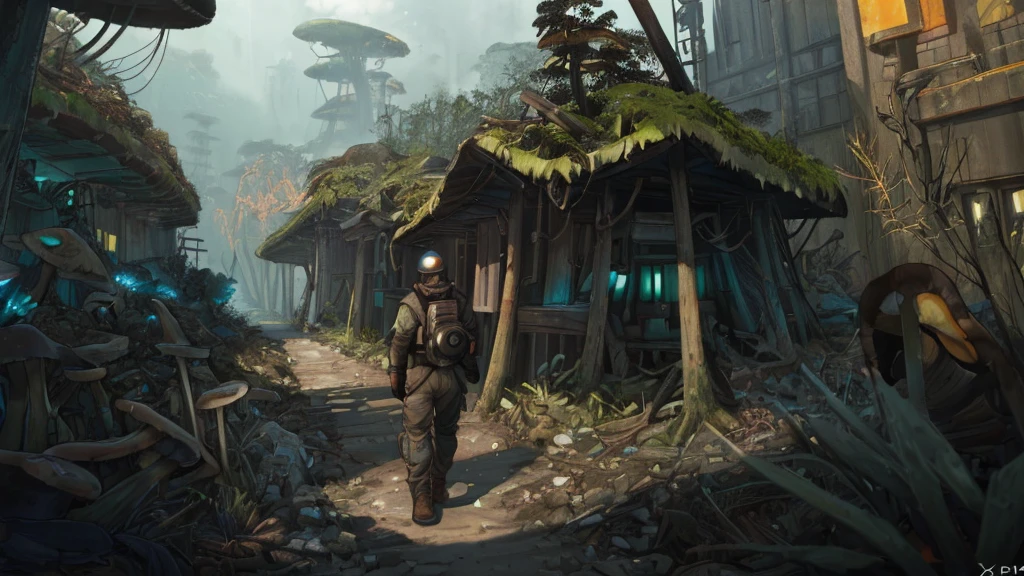 extreme wide shot, environmental concept art, masterpiece, best quality, digital painting, ((bulky man, broad shoulders, hazmat suit, gas mask, accessories, research team, exploring, following the road west to Point Linden, a small town on the edge of the Pacific Ocean, polluted, abandoned, neglected, dawn)))), ((((growth of giant bright fungi, roots, infestation, xen, spores, polluted air)))),  dark, post-apocalypse, cinematic, dramatic, highly detailed, stylized wallpaper, heavy brushstrokes