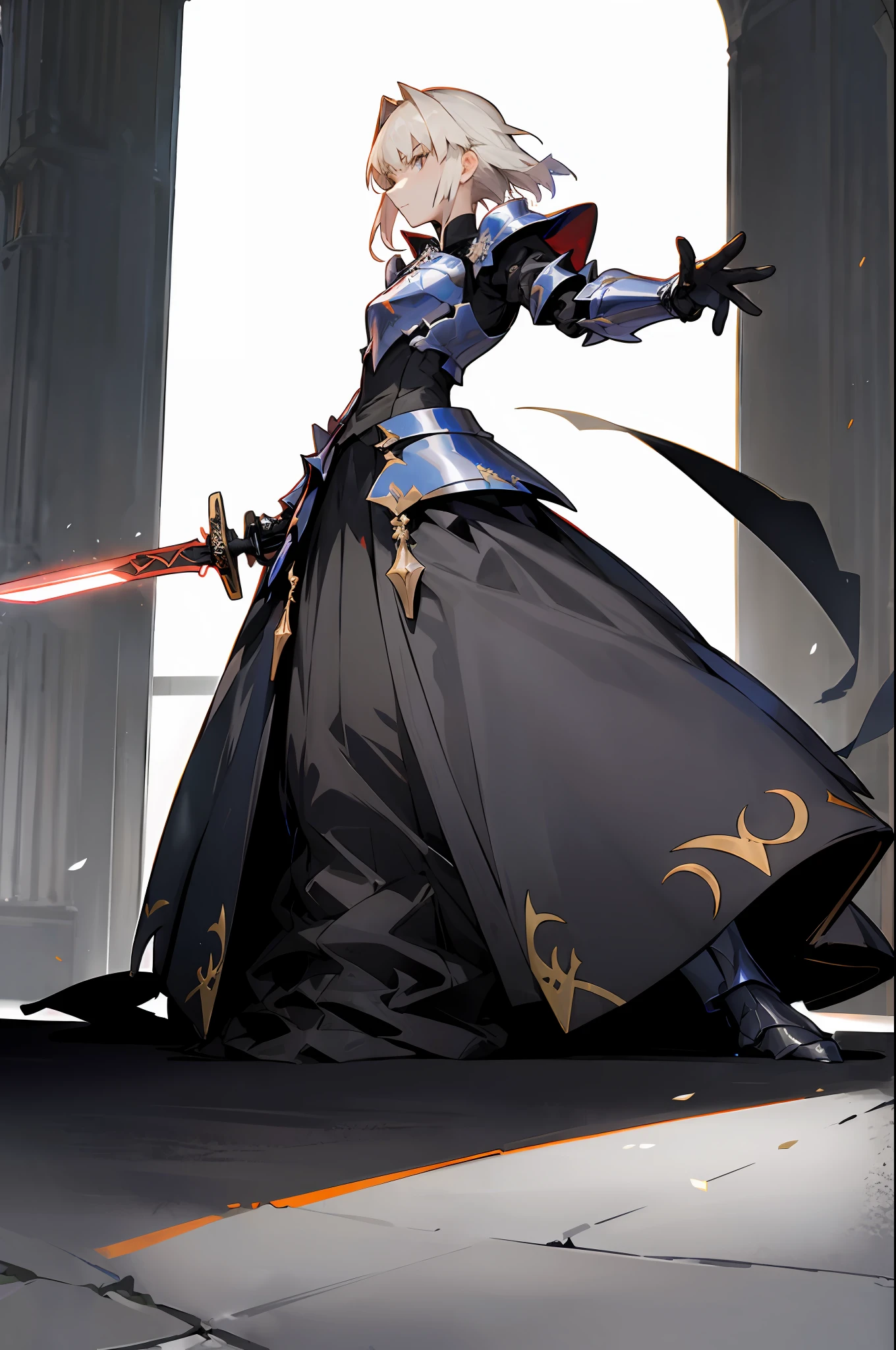 Alter saber,altria pendragon,Black dress, European dress style, a bit of armor on the outside of the dress, standing, holding a sword,His sword is facing down,