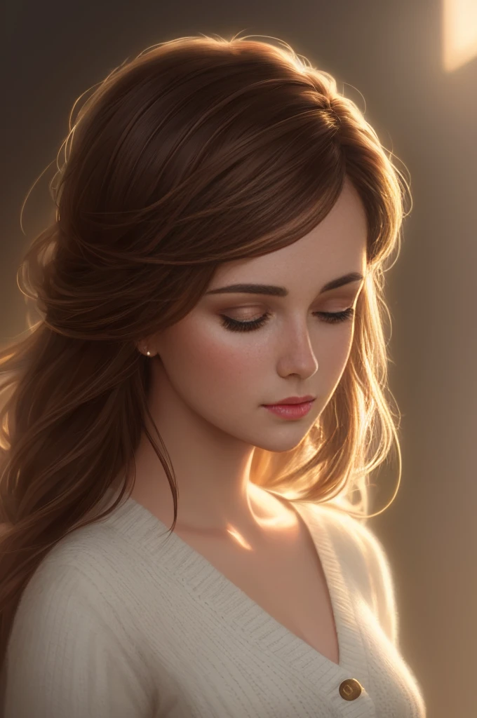 beautiful, Concept art, Digital art, High quality, Cinematic lighting, Soft lighting, Centered, Illustration, Details, Portrait, beautiful young, detailed gorgeous face, brunette hair, digital painting, artstation, concept art, smooth, sharp focus, cardigan, segmented clothing, smooth clothing,