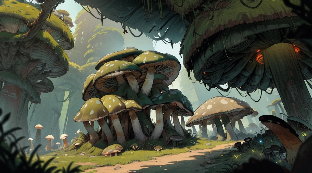 extreme wide shot, environmental concept art, masterpiece, best quality, digital painting, ((bulky man, broad shoulders, hazmat suit, gas mask, accessories, research team, exploring, following the road west to Point Linden, a small town on the edge of the Pacific Ocean, polluted, abandoned, neglected, dawn)))), ((((growth of giant bright fungi, roots, infestation, xen, spores, polluted air)))), greenish sky, dark, post-apocalypse, cinematic, dramatic, highly detailed, stylized wallpaper, heavy brushstrokes