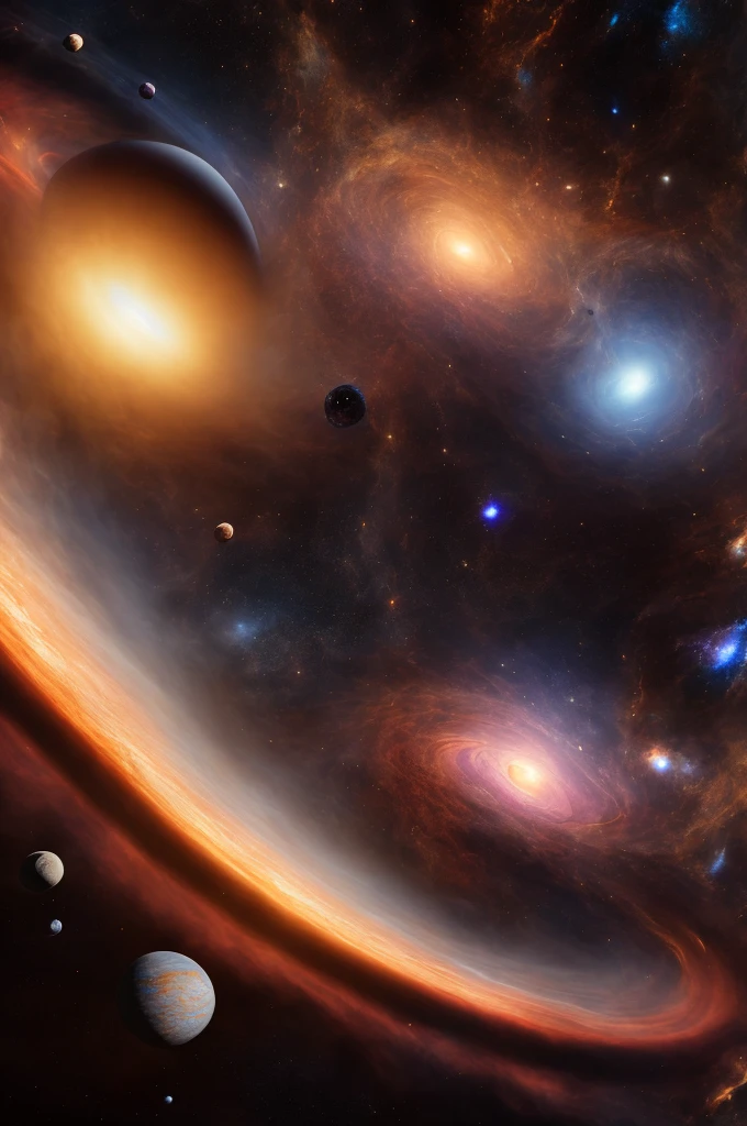 rendering, rembrandt, cgsociety, artstation trends, highly detailed, super realistic, highlighting the black hole in the center of the image represented by a perfect circle completely and very black, universe, cosmos, planets, matter, explosion, light rays, strong colors, colorful, planets, stars, galaxies, nebulae, moons, supernovae, pulsars, super realistic, very detailed,