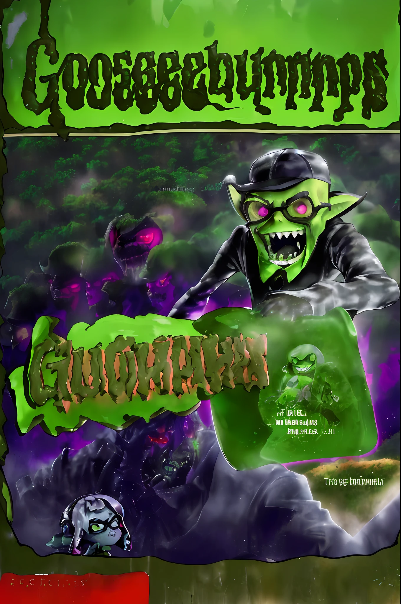 GoosebumpsBookCover attack of the graveyard ghouls,Inkling,splatoon,inkling,detailed,graveyard ghouls as inklings,a hand coming out of the ground,reaching out for you,with torn up clothes, wrinkly green skin,in the splatsville graveyard,walking towards inkpolis,with other inklings raising from their graves,p