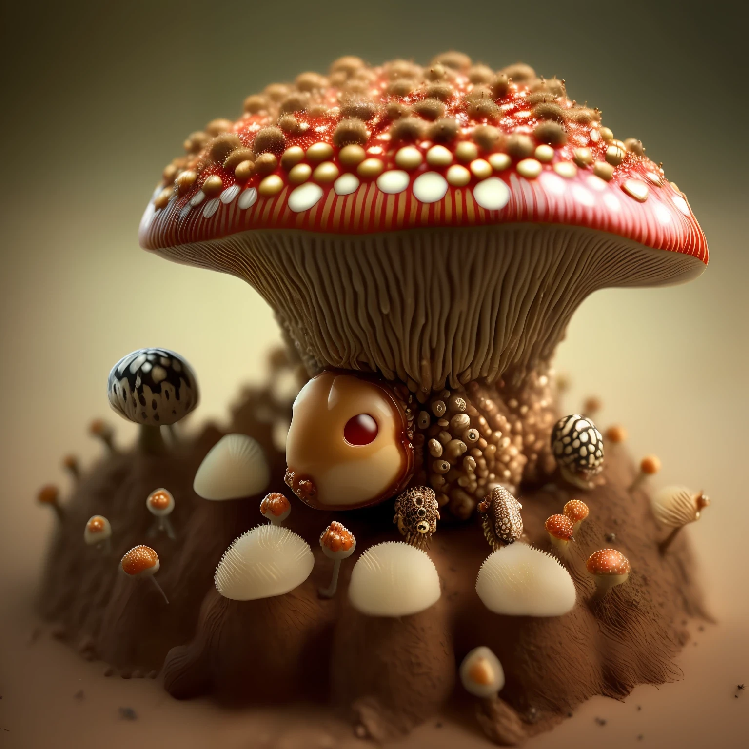 realistic anthill made with amanita muscaria with flies over it