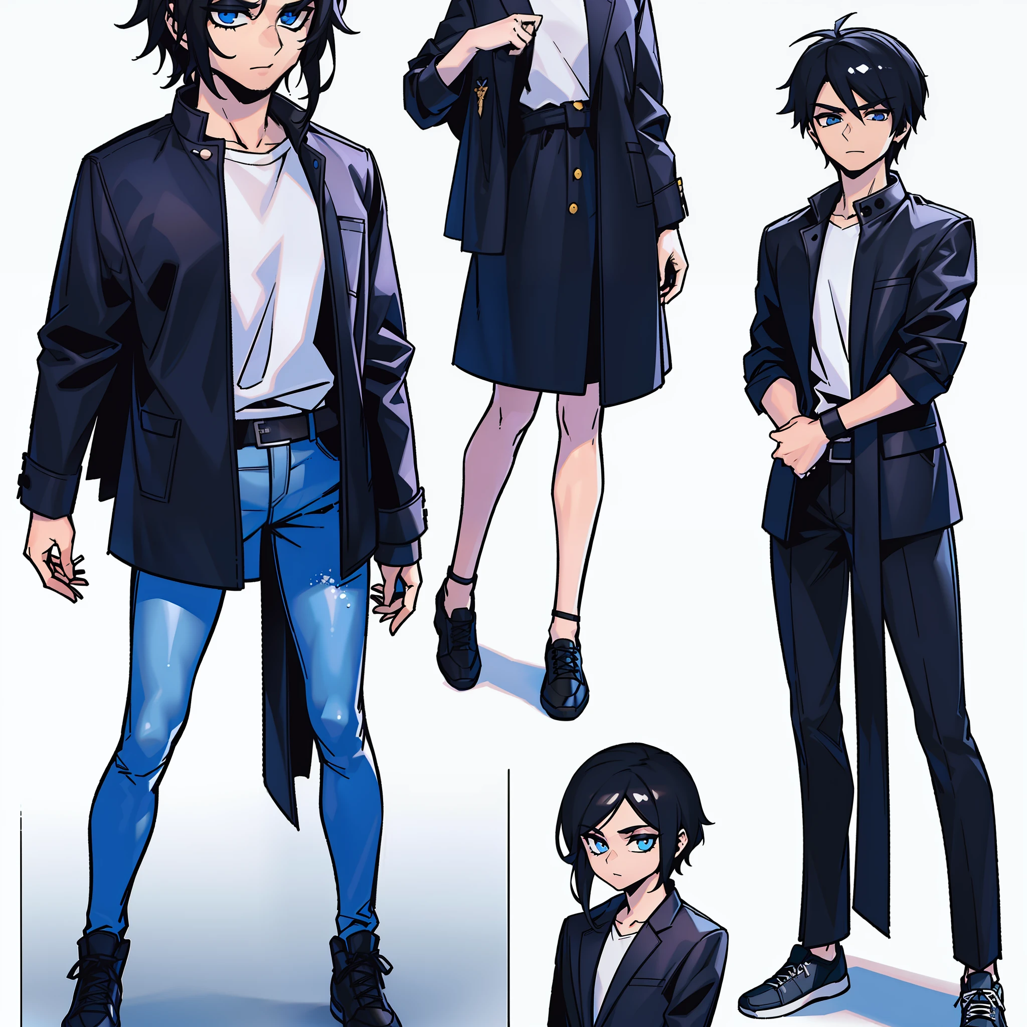 A young male, character sheet, concept art, full body, (masterpiece:1.2), (best quality:1.3), short black hair, blue eyes, lazy eyes, subtle smile, thin frame, messy clothing, (((masterpiece))), (((best quality))), (((ultra-detailed)), (highly detailed illustration), wearing casual attire, black coat with silver details, black jeans, new sneakers, concept art, ((full body)), (masterpiece:1.2), (best quality:1.3),  standing, (single background, White background: 1.3)