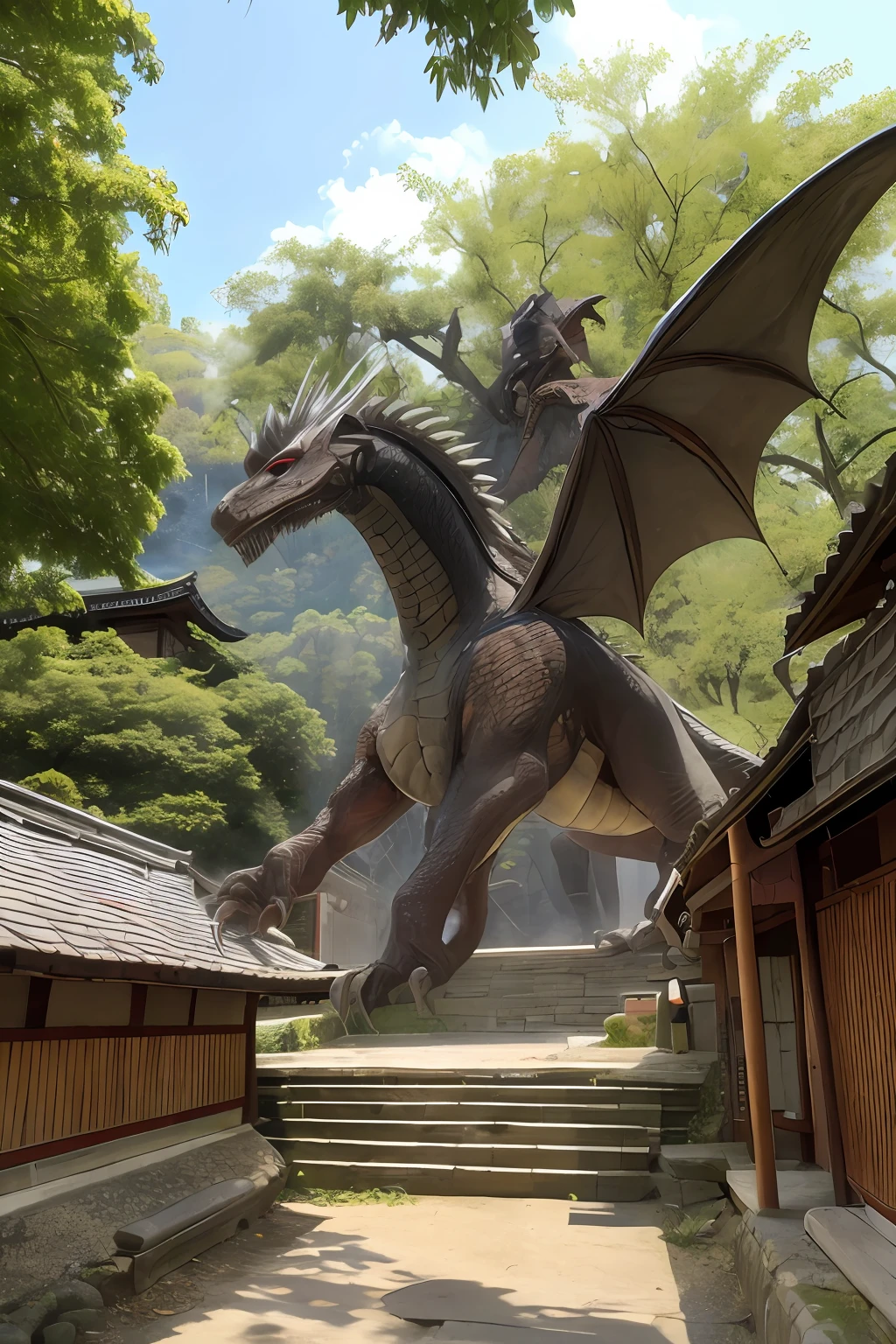Mythological dragon coming out of the shadows behind an ancient Japanese house