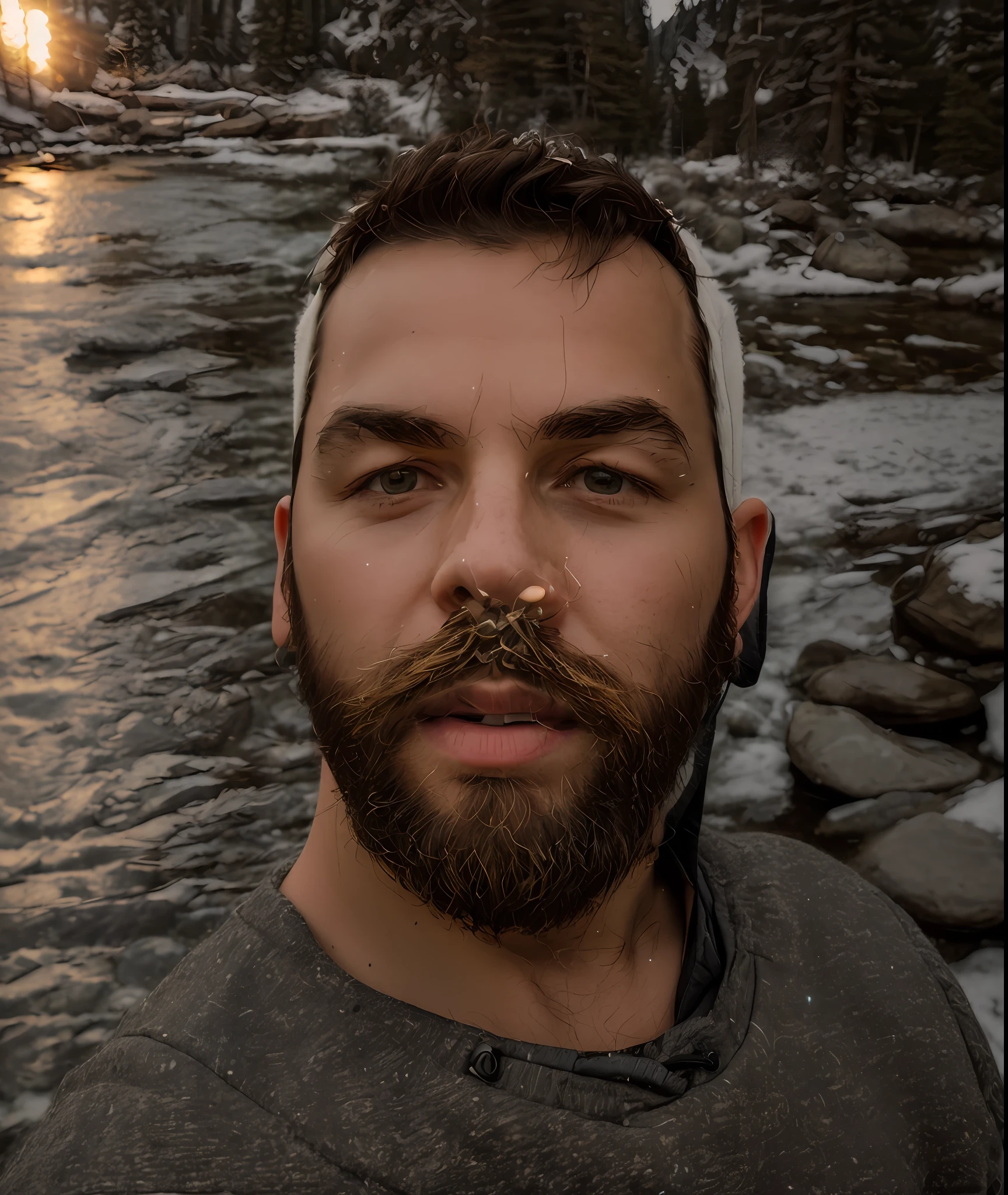((upper body selfie, happy)), masterpiece, best quality, ultra-detailed, solo, outdoor, (night), mountains, nature, (stars, moon) cheerful, happy, backpack, sleeping bag, camping stove, water bottle, mountain boots, gloves, sweater, hat, lantern, forest, rocks, river, wood, smoke, shadows, contrast, clear sky, style, (warm hue, warm tone)