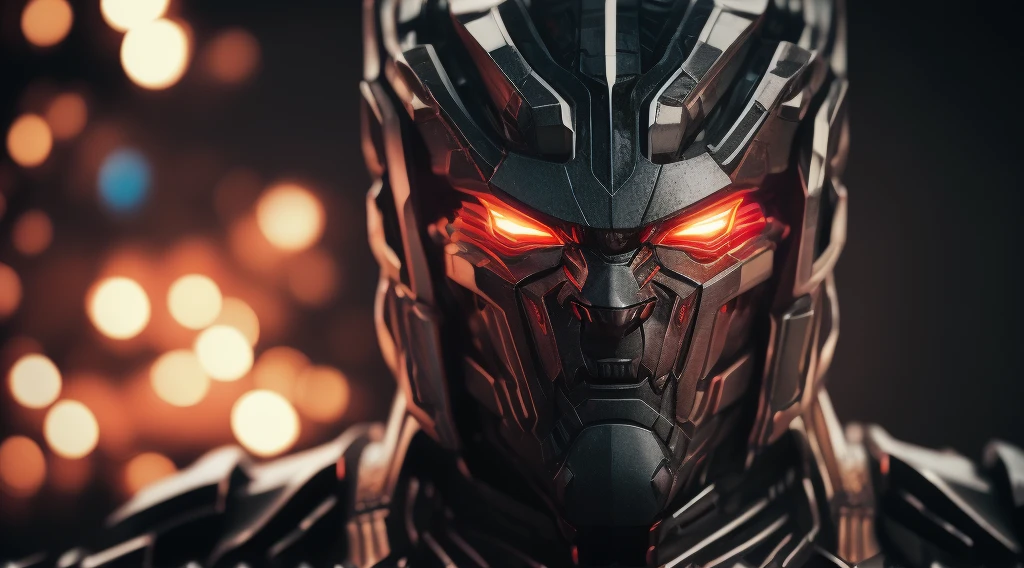 powerful transformers-style man face, demon with neon eyes, realistic photo, ultra detail, natural light, black background, photo, cinematic photography + dynamic composition, incredibly detailed, sharp, detail + intricate detail + professional lighting, film lighting + 35mm + anamorphic + lightroom + cinematography + bokeh + lens flare + film grain,dark all black background, 3d block background