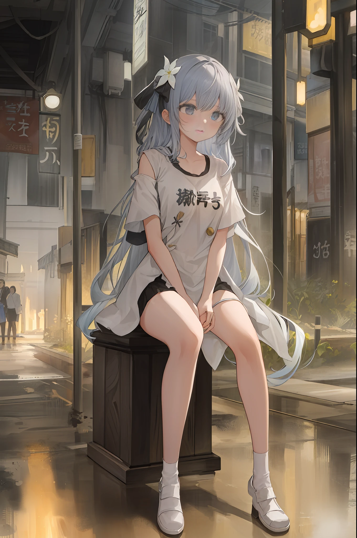 Masterpiece, Superb Piece, Super Meticulous, Illustration, 1girl, Solo, Slightly Big Breasted, Seated, Extremely Delicate Beautiful, Beautiful Detailed Sky, Beautiful Detailed Eyes, Side Blunt Bangs, Hair Between Eyes, Close to the Audience, Breeze, Flying Splash, Flying Flowers, Wind, Watercolor, Blushing, (Futanari), Tears, Sadness, Expressionless, ((Torn T-shirt)), (close-up), (f/4.0) dust, gray, dirt, city, city, Tokyo, neon, street light, At night, people, watching, intimidating, intimidating gazes, vigilant, guarding, fearful, scared, haunted, anxious, stressed, failed, lonely, vulnerable, exposed, desperate, seeking comfort,
