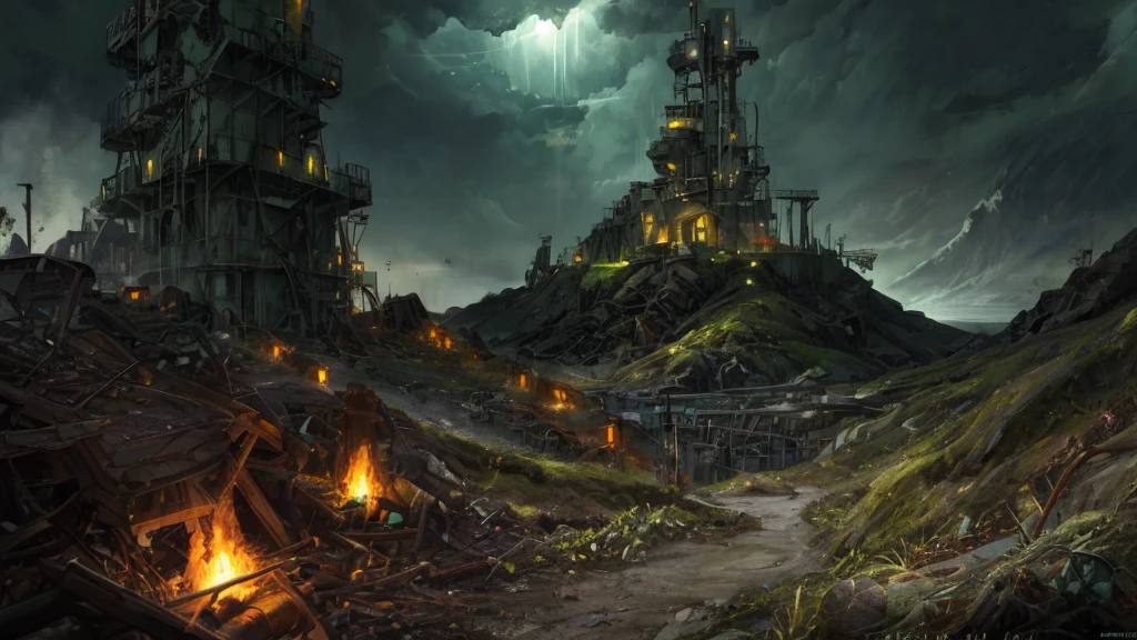 (Ultra detailed), (masterpiece), (best quality), (digital painting), man in hazmat suit, gas mask, accessories, research team, exploring, following the road, a small town on the edge of the Pacific Ocean, polluted, abandoned, neglected, dawn))), environmental concept art, (small growths of tiny glowing fungi, roots, infestation, spores, polluted air), (((greenish sky))), dark, post-apocalypse, cinematic, dramatic, highly detailed, stylized wallpaper