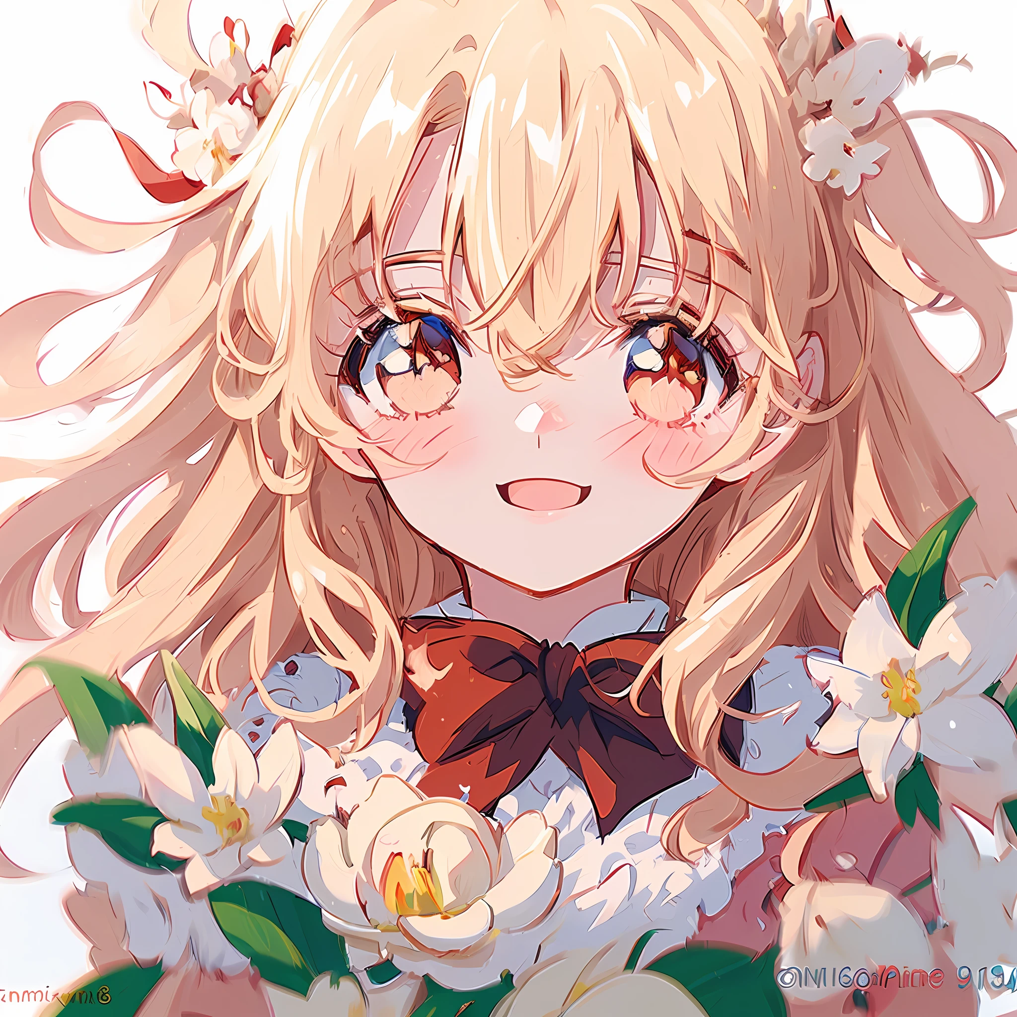 red bow, blond hair, anime, ghibli, anime style, close up, from side, first-person perspective, 8k, super detail, masterpiece, high quality, high resolution, high detail, white background, face detail, happiness, curly hair, bouquet holding magnolia flowers, necklace, long hair, HD quality,