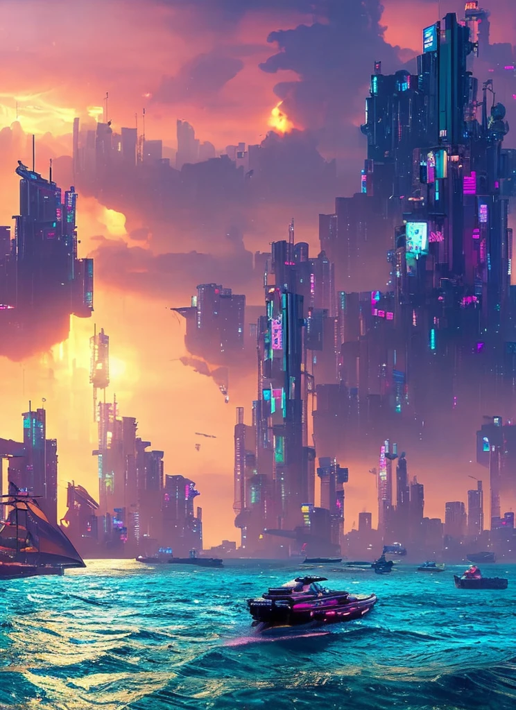 A ship sailing in the deep sea, the ship is made up of many cities and colorful signature groups
There are all kinds of fish swimming around. Colorful cyberpunk 2077