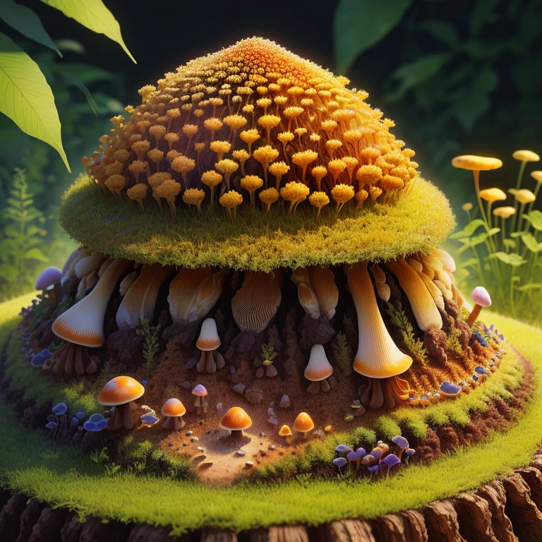 realistic anthill made with colorful psilocybe cubensis mushrooms