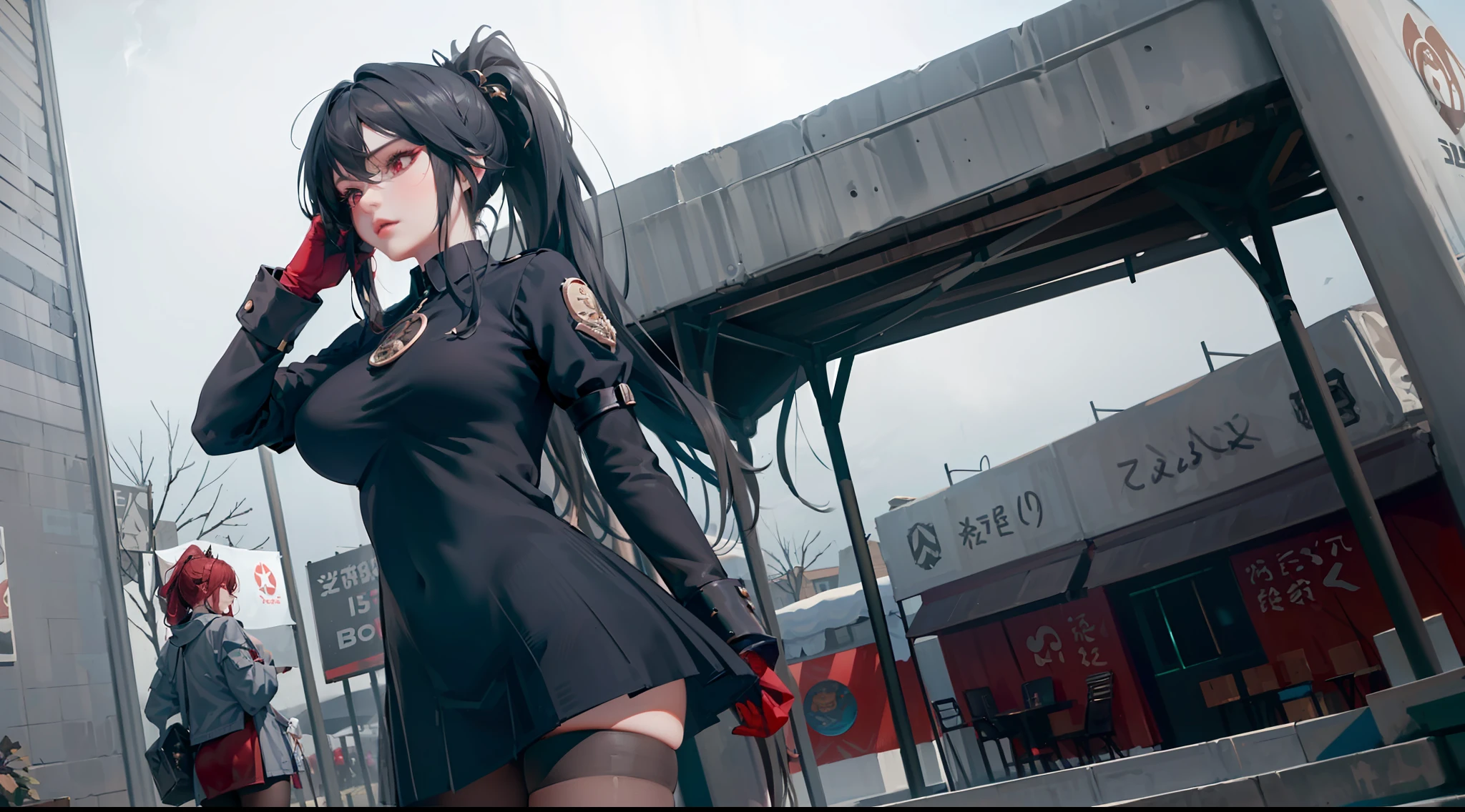 girl, goddess, perfect waist, black hair, very long hair, straight hair, red eyes, sinister looking, sexy, hair gathered into a ponytail, large breasts, large hips, long maroon dress with short sleeves, black gloves to the elbow, girl floating in the air, cumulus clouds in the background, detailed face, detailed hands, detailed legs, detailed fingers, detailed hair, detailed eyes, detailed skin, dynamic lighting, (detailed lighting:1.2), (detailed textures:1.3), (realistic lighting:1.2), realistic shadows, realistic skin, (photorealistic:1.4), 8k uhd, (hyper realistic), (photo realistic), (masterpiece), (best quality)