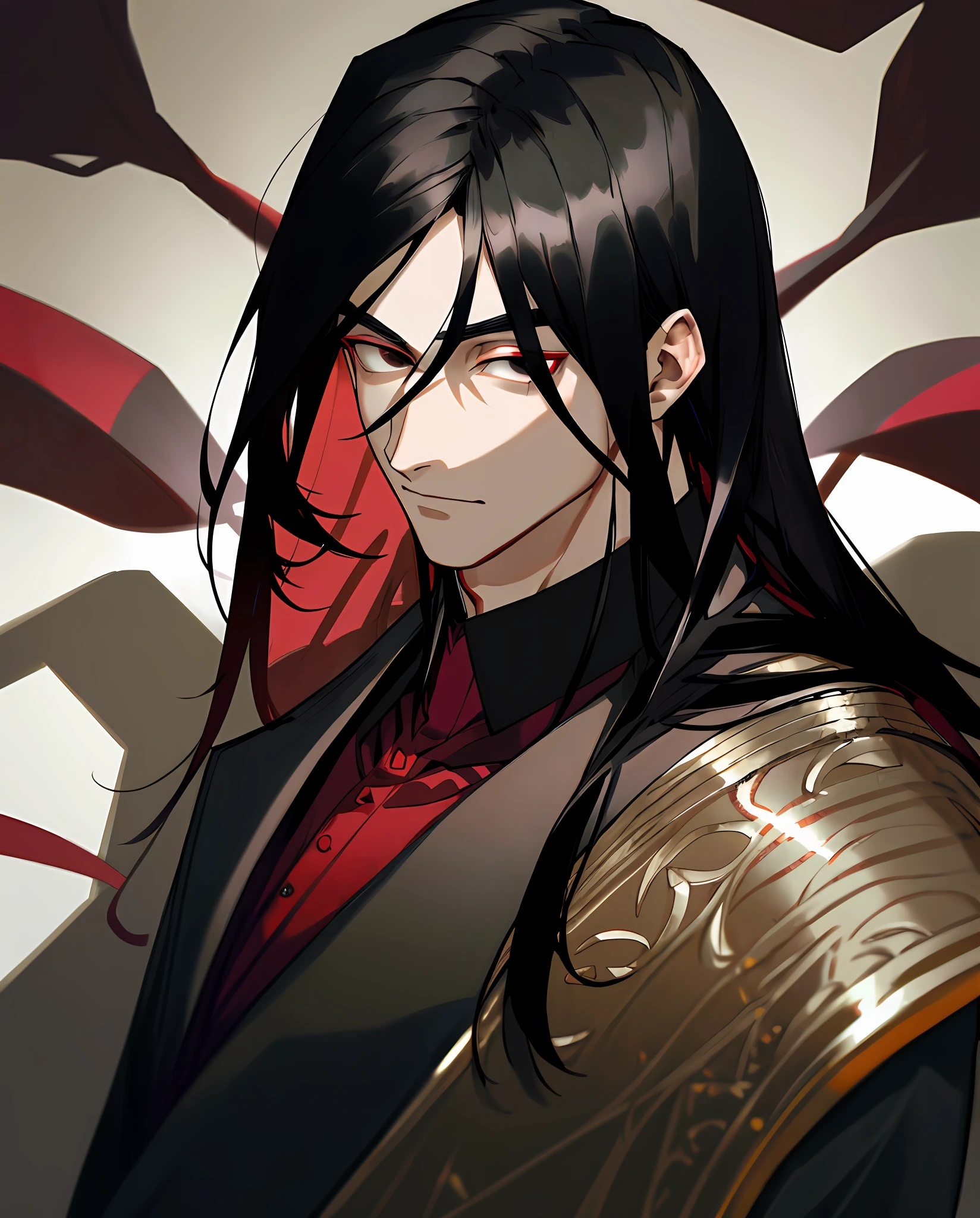 (Detailed Lights, Detailed Shadows), 1Man, Black Hair, Wine Red Suit, ((Detailed Eyes)), Close-up, Portrait, (Black Eyes), Extremely Detailed Clothes, ((Modern Clothes)), Beautiful Hair, Muscular, Hair Down