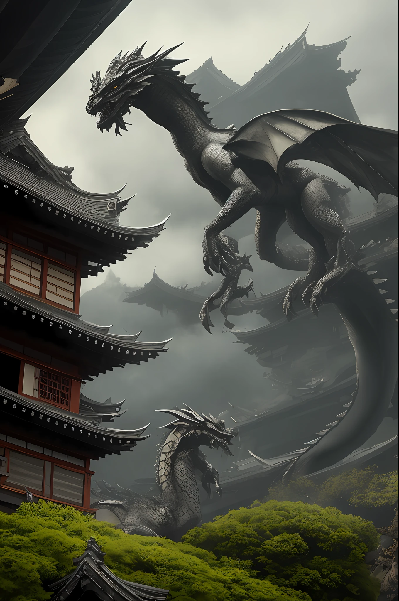 Mythological dragon coming out of the shadows behind an ancient Japanese house
