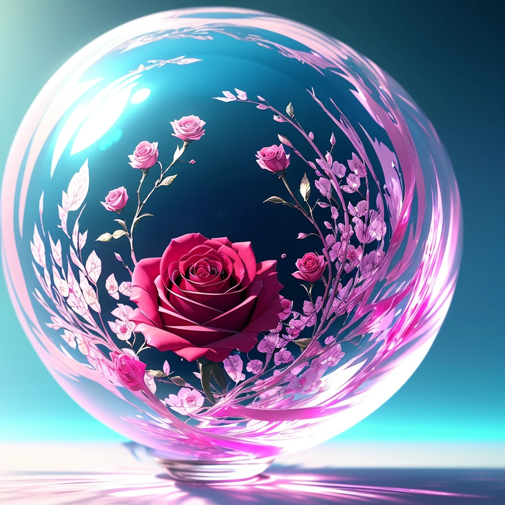 Glass Sphere With A Rose Inside Anime A Masterpiece, 8k Resolution, Fantasy Concept Art, By Josefine Wall Dynamic Lighting, Hyper Detailed, Intricately Detailed, Splash Screen Art, Trending On Artstation, Deep Color, Unreal Engine, volumetric lighting, Alphonse Mucha, Jordan Grimmer, complementary colors red, pink and light blue