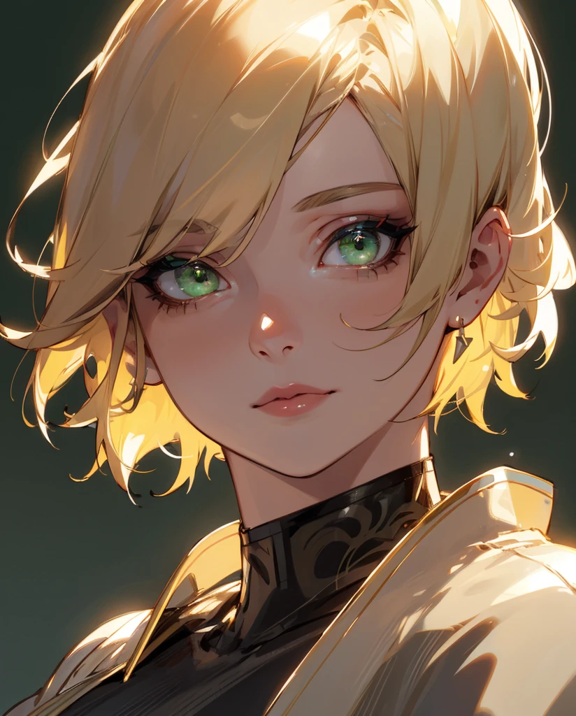 (Detailed Lights, Detailed Shadows), 1Woman, Blonde, ((Detailed Eyes)), Close-up, Portrait, (Green Eyes), Extremely Detailed Clothes, ((Modern Clothes)), Beautiful Hair, Muscular, Hair Down, Extremely Detailed Background, Beautiful Background, (Short Hair), MakeUp