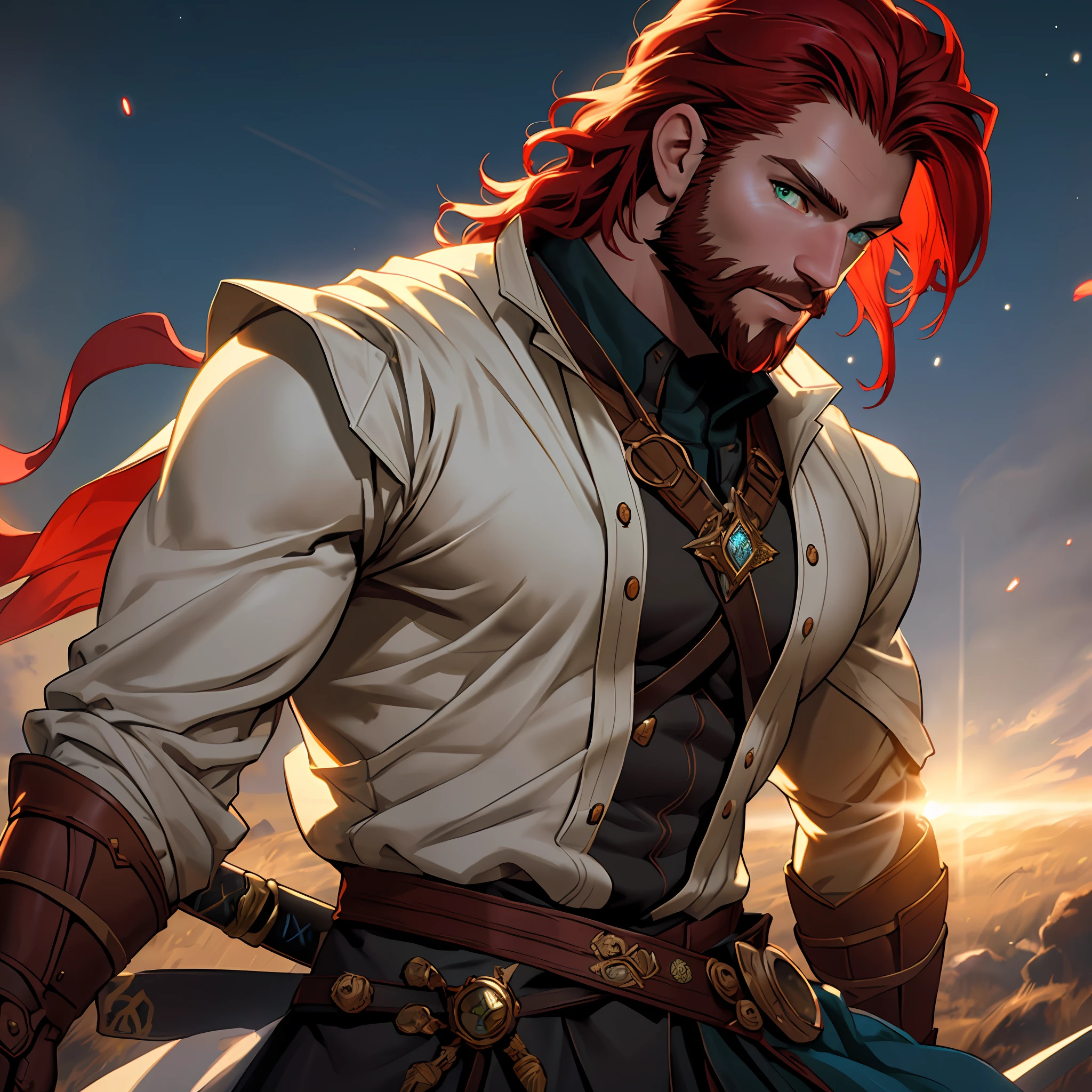 muscular handsome man with red hair and beard, green eyes, dynamic pose, looking at the camera, full face, sword, knight, realistic, masterpiece, high resolution, (luminous particles: 1.3), moonlight, lens flare, (cinematic light), illustration, royalty, [: (detailed face: 1.2): 0.2], detailed, detailed clothing, (detailed background: 1.3), dynamic pose, 30 years old