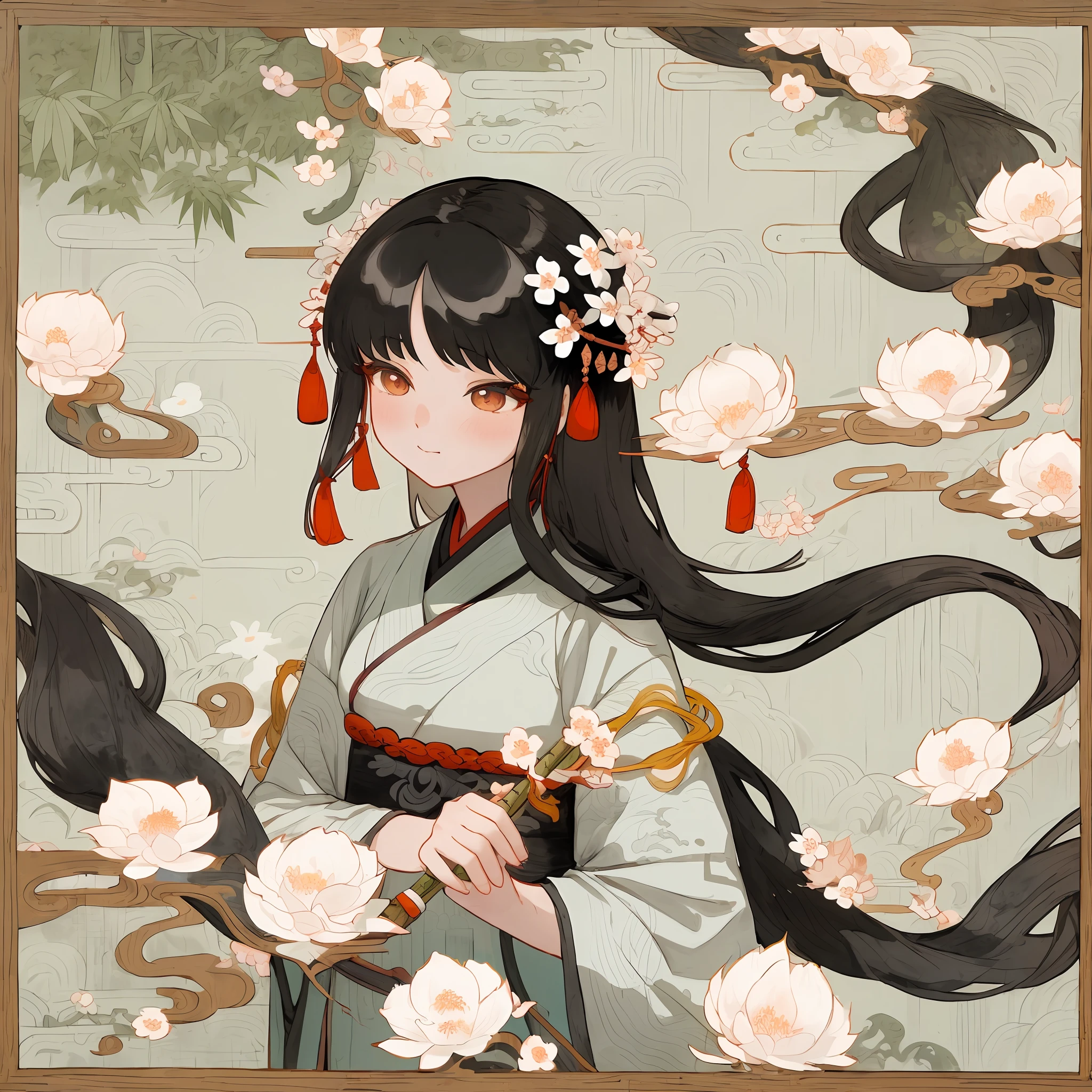 This traditional Chinese ink painting depicts a Hanfu beauty wearing a garland in close-up. She has long hair and a shawl, and her appearance is beautiful, showing a cute charm. As we look down, we can see that her hair is gradually turning into flowers and plants, forming a harmonious picture with the natural environment around her.